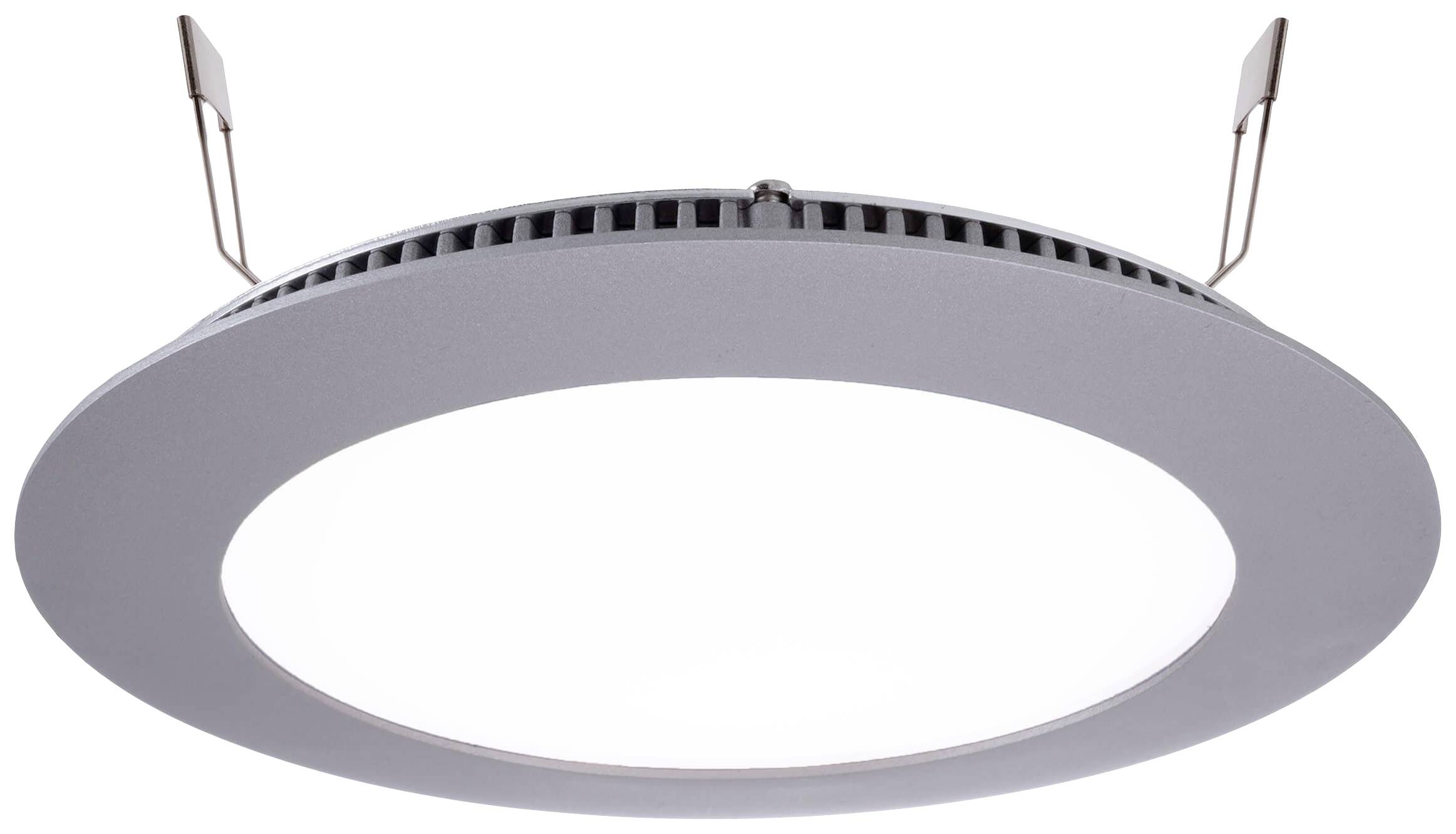 Runder LED-Deckenspot in silbernem Gehäuse mit zwei Metallklammern zur Befestigung. Ideal für eine moderne, dezente Beleuchtung.