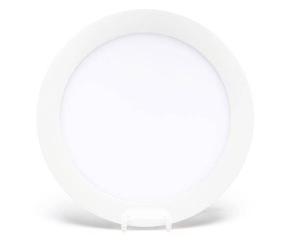 Rundes, weißes LED-Panellicht auf weißem Hintergrund.