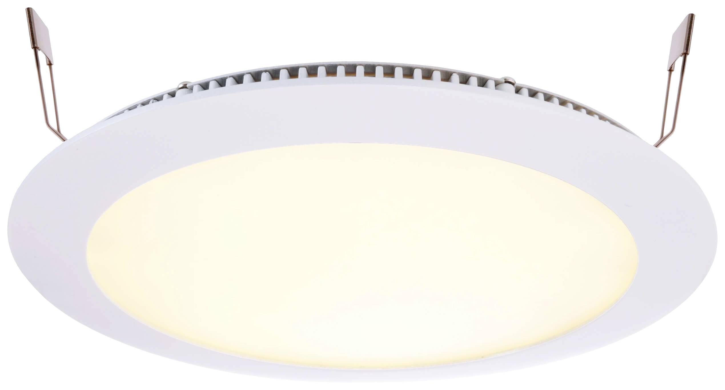 Eine runde, weiße LED-Deckenleuchte mit warmweißem Licht. Sie hat zwei Befestigungsclips an den Seiten.