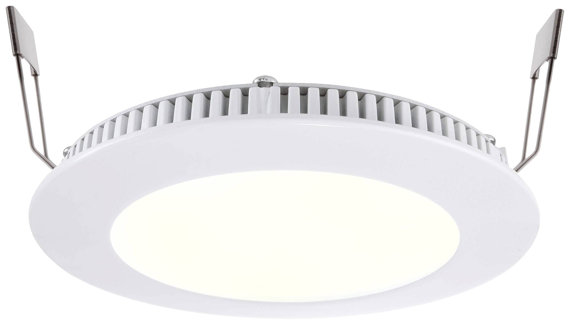 Runde, weiße LED-Deckenleuchte mit Kühlrippen und Halterungen an den Seiten.