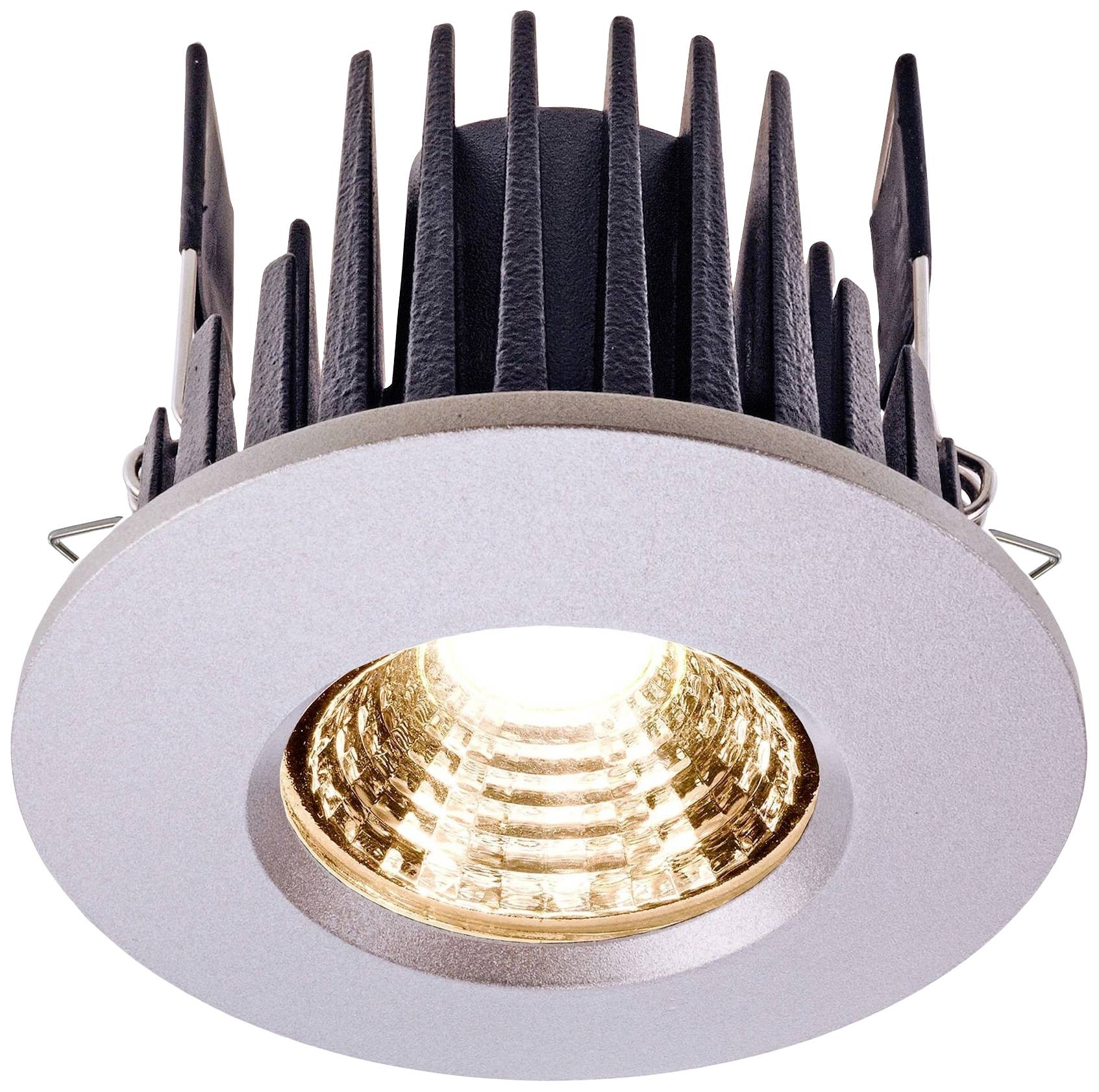 LED-Spotlight mit silbernem Rahmen und schwarzem Kühlkörper. Eignet sich für Einbau in Decken, erzeugt fokussiertes Licht.