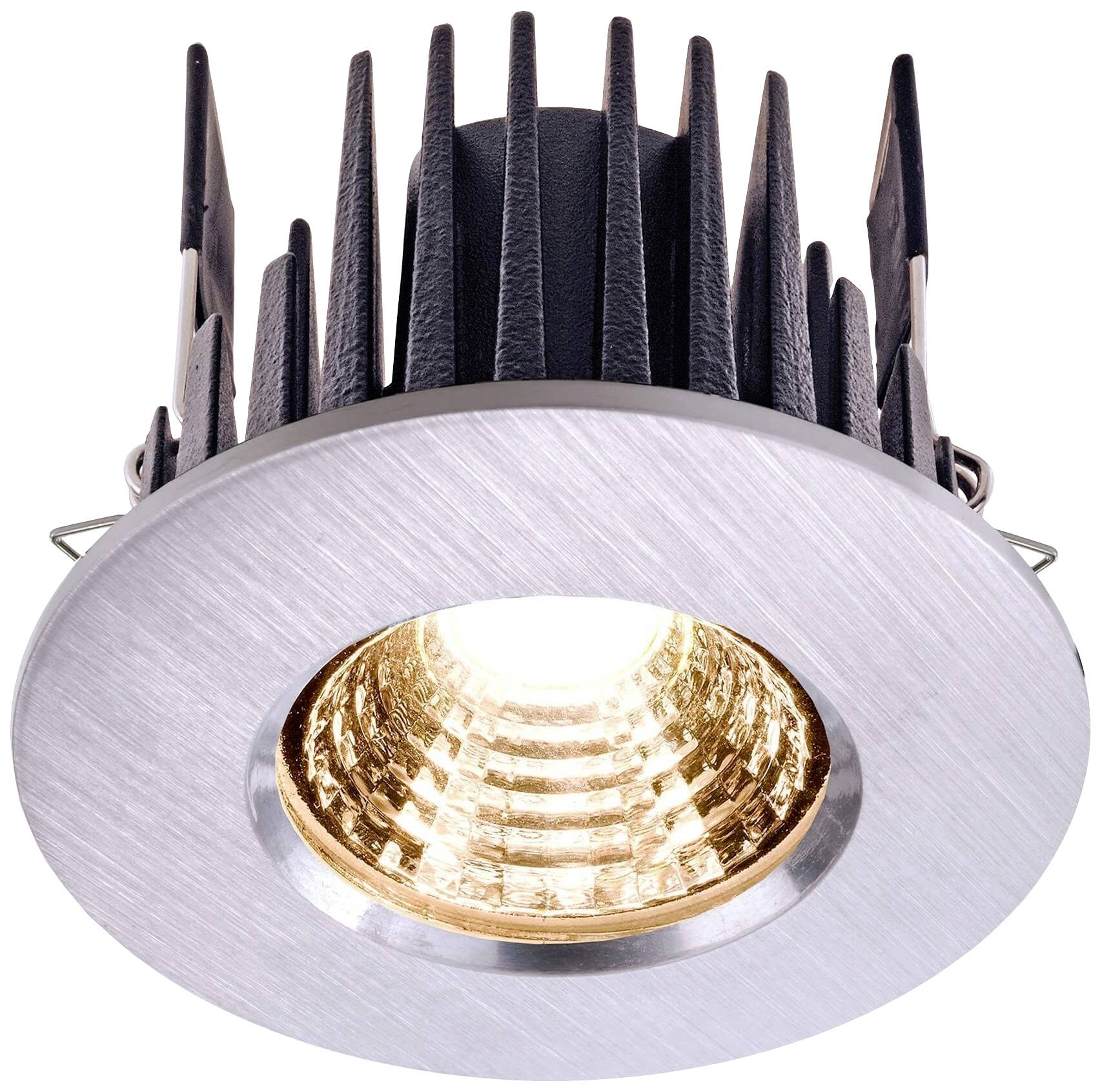 Einbau-LED-Spot mit silbernem Rahmen und schwarzem Kühlkörper. Leuchtet hell und eignet sich für moderne Deckenbeleuchtung.