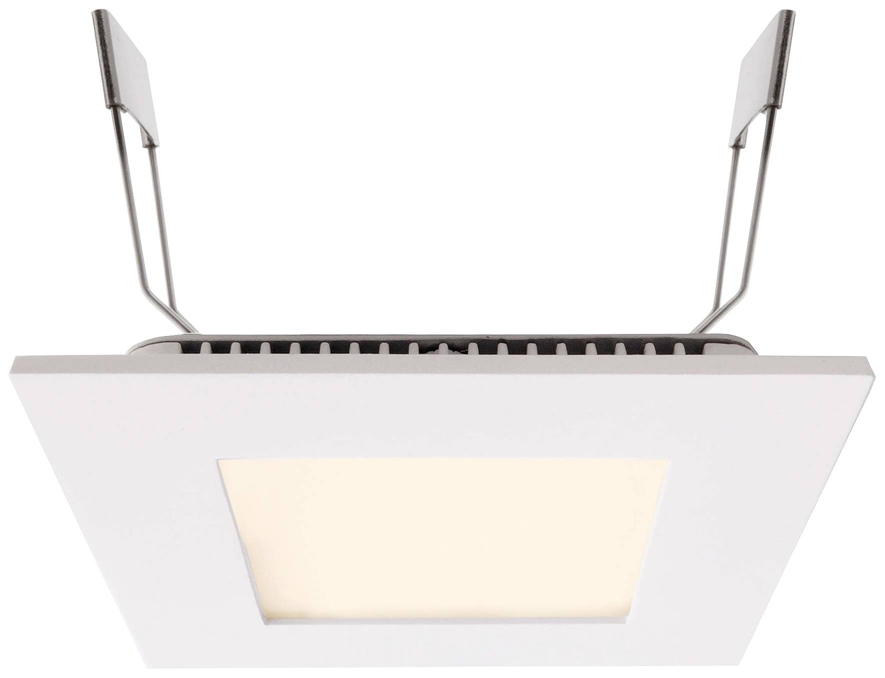 Ein quadratischer LED-Deckeneinbaustrahler mit weißem Design und zwei Metallklammern oben für die Befestigung.