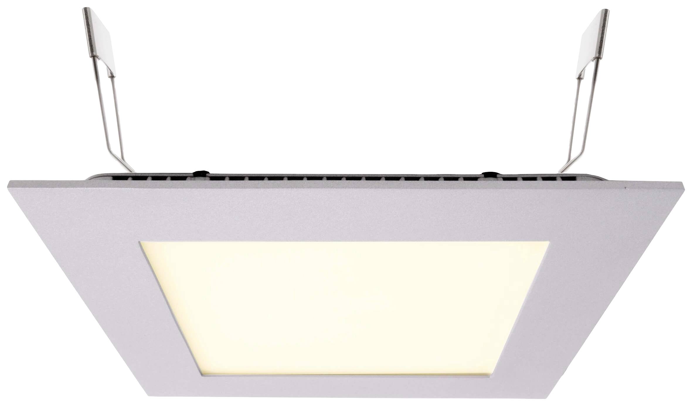 Quadratische LED-Deckenleuchte in Weiß mit metallischen Befestigungselementen, geeignet für moderne Innenräume.
