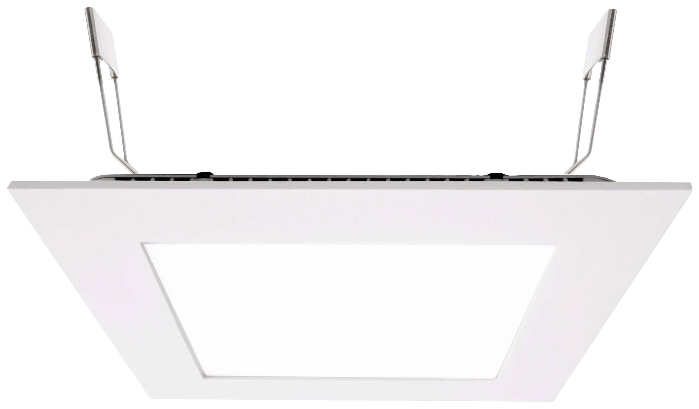 Ein viereckiges, flaches LED-Panel, das für Deckenmontage geeignet ist. Es hat ein schlichtes, modernes Design mit zwei Metallhalterungen.