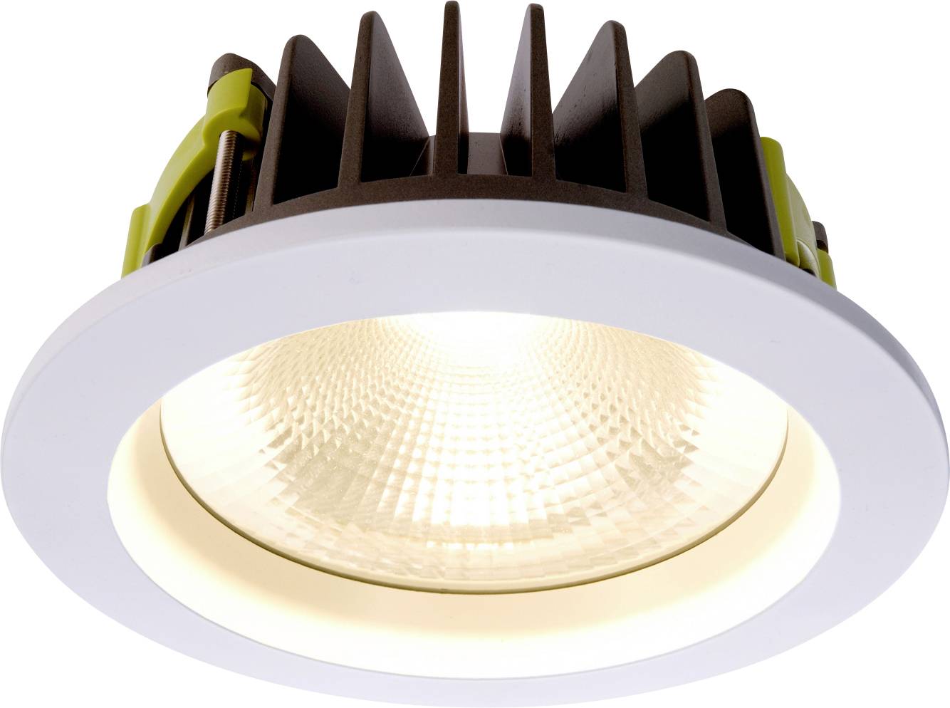 Runde LED-Deckenleuchte mit Kühlrippen und diffuser Abdeckung. Energiesparend, mit modernem Design für Innenräume geeignet.