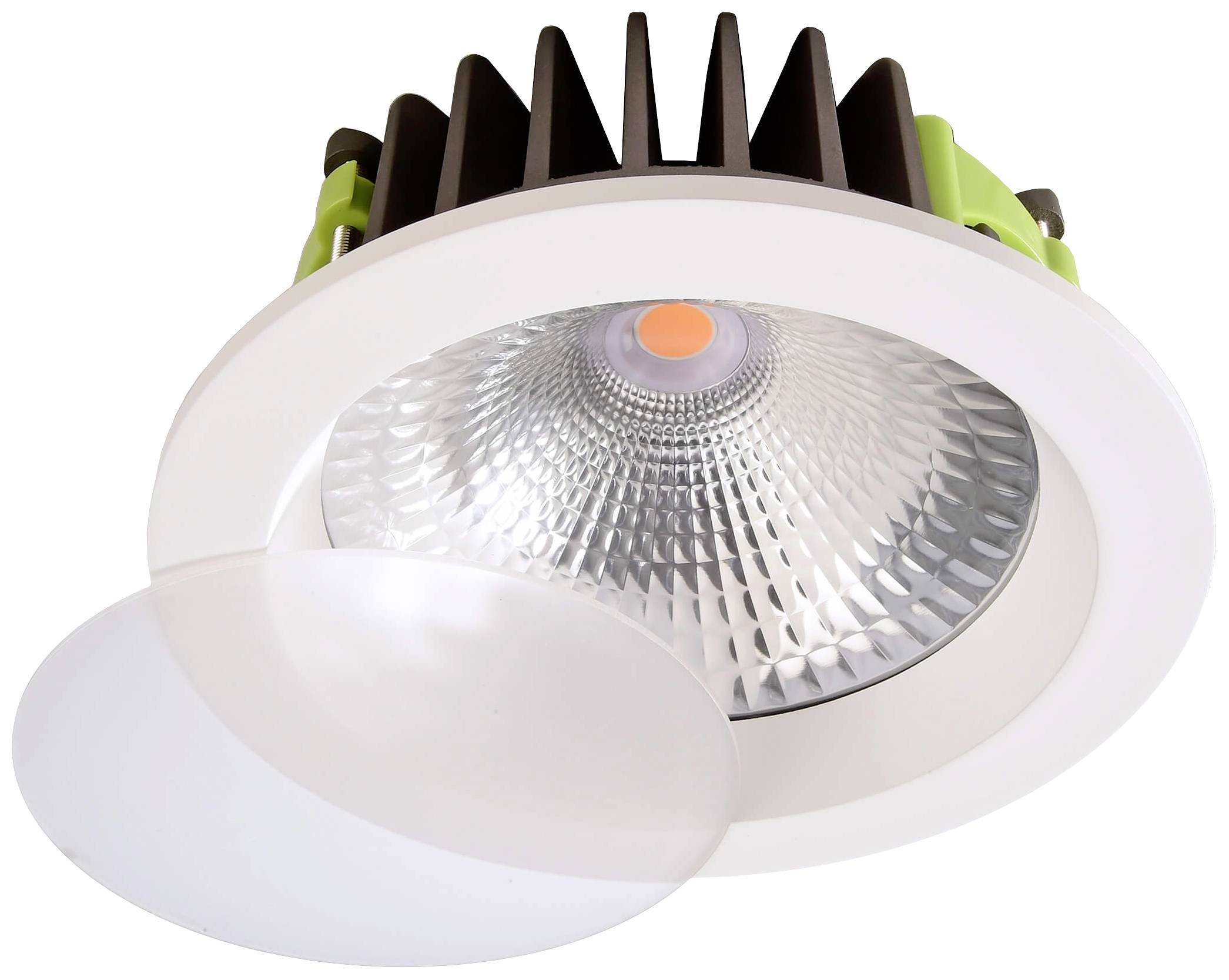 Deckeneinbaustrahler mit rundem, weißem Rahmen und strukturierter Glasabdeckung. Die zentrale Lichtquelle ist orange hervorgehoben.