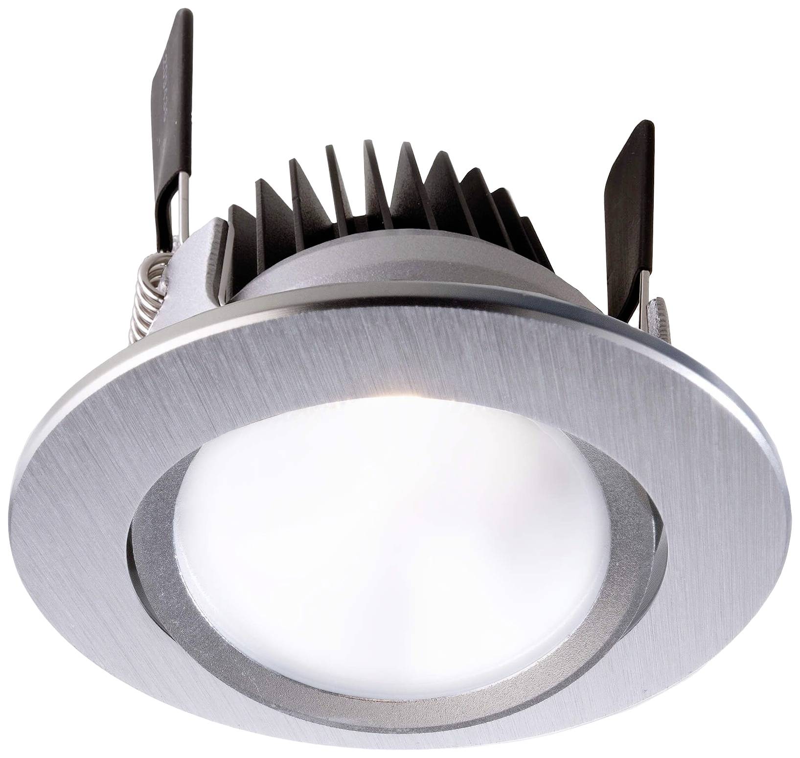 Einbau-LED-Spotlampe mit silbernem Rahmen und Kühlrippen, geeignet für Deckenmontage. Energiesparend und stilvoll designt.