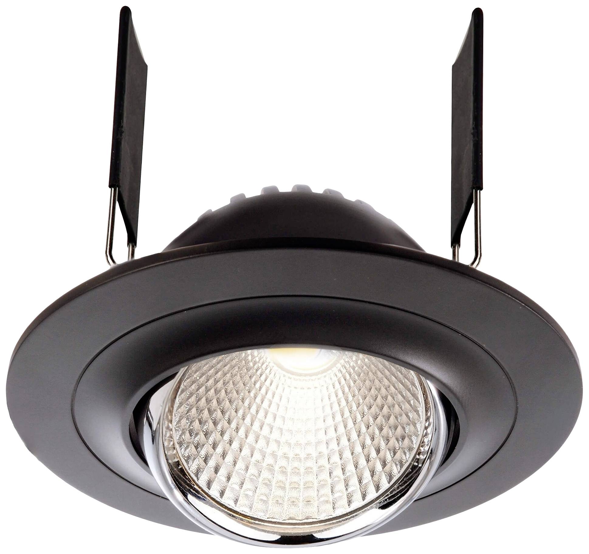 Einbauleuchte in schwarzem Gehäuse mit hell strahlendem LED-Licht, geeignet für moderne Raumgestaltung und effiziente Beleuchtung.