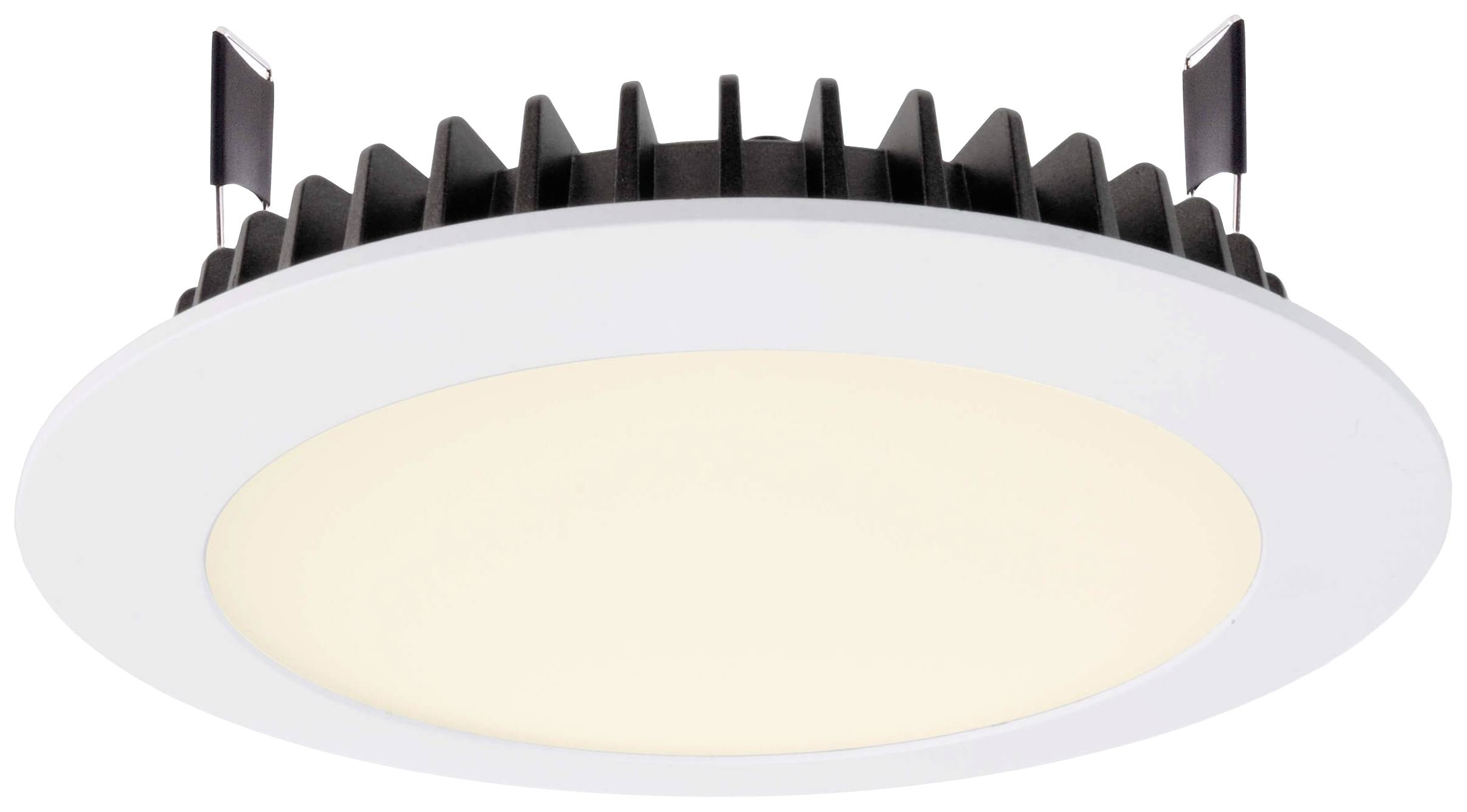 Rundes, weißes LED-Deckeneinbauleuchtmittel mit schwarzem Kühlkörper. Ideal für moderne Innenraumbeleuchtung.