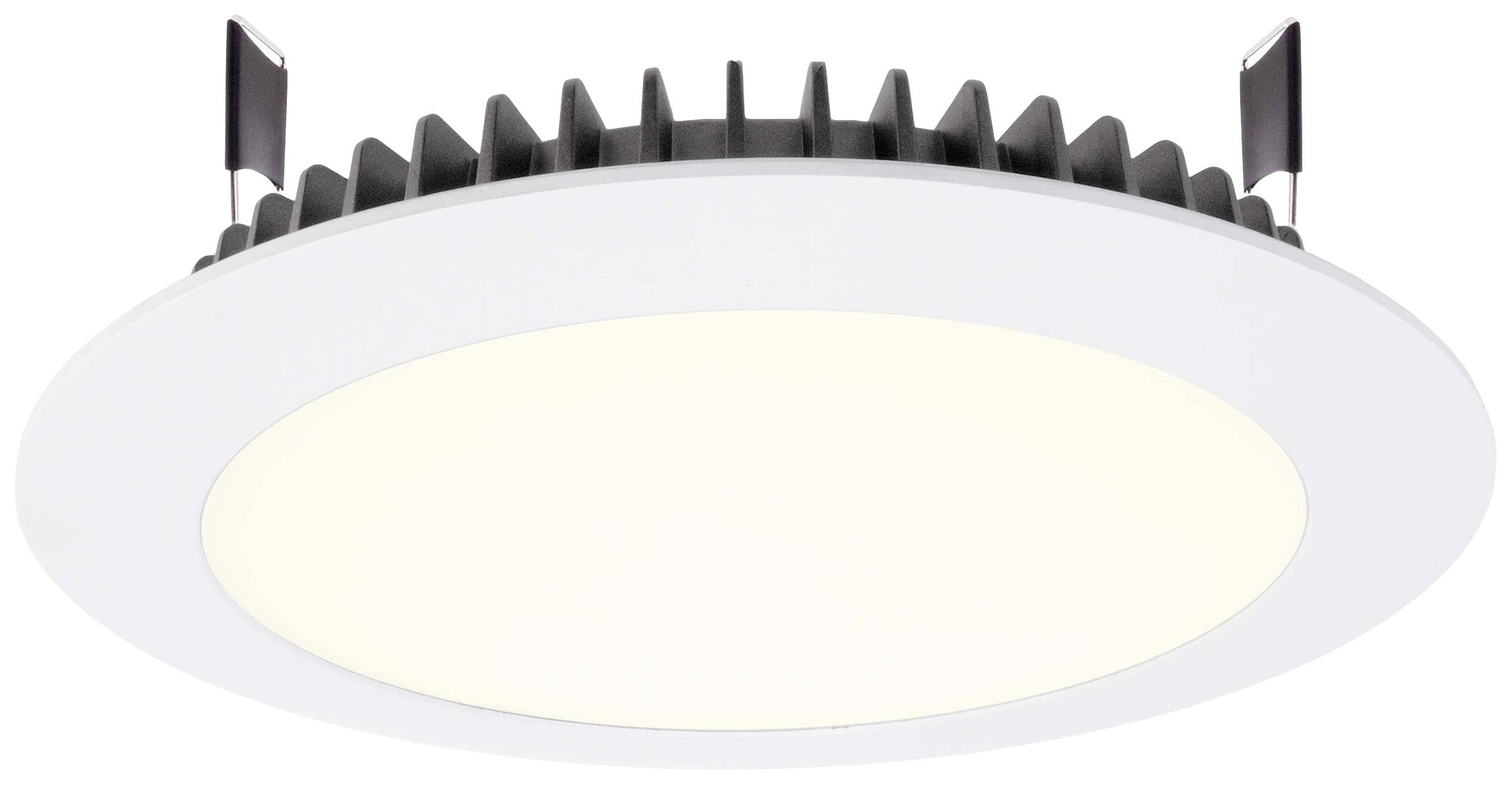 Rundes LED-Deckeneinbauleuchte mit weißem Rahmen und schwarzem Kühlkörper, geeignet für klare, gleichmäßige Raumausleuchtung.