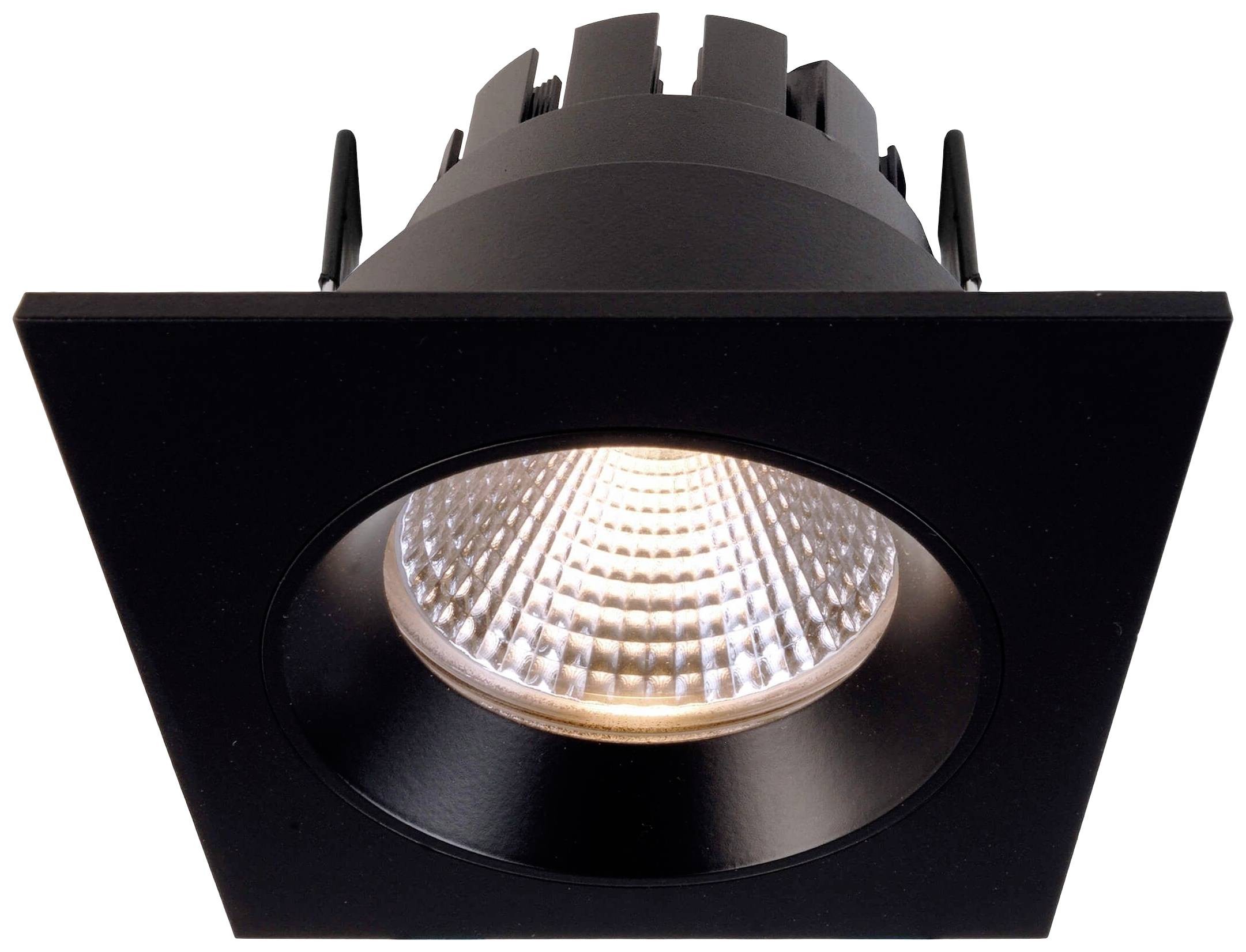 Schwarzer quadratischer LED-Deckenspot mit sichtbarem Reflektor und Kühlrippen.