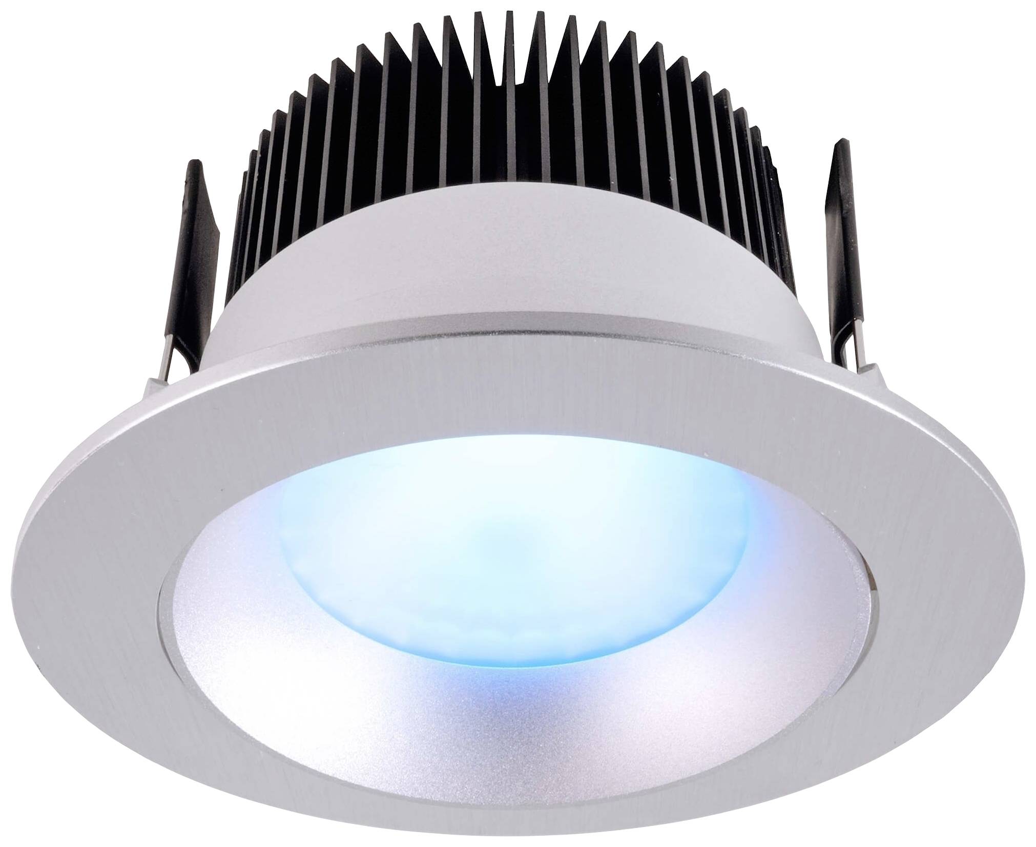 Eine kreisförmige LED-Deckenlampe mit silbernem Rand und blauer Beleuchtung in der Mitte.