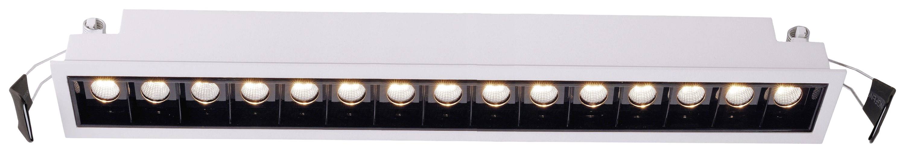 Weiße, rechteckige Deckenleuchte mit 16 runden LED-Lampen in einer Reihe.