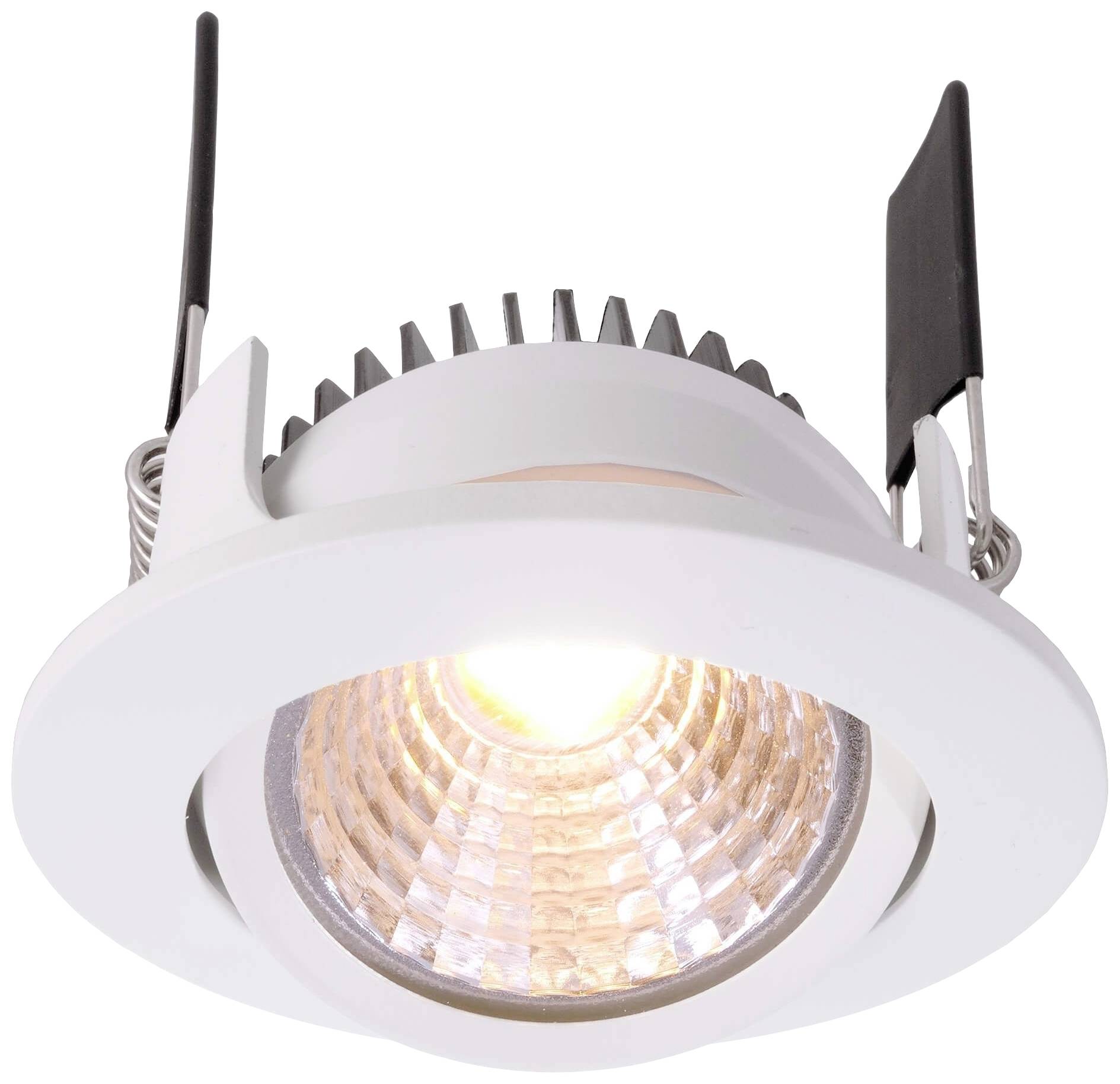 Einbauleuchte mit kreisförmigem Design, zentralem LED-Licht, silbernen Kühlrippen oben, und zwei schwarzen Montageklammern.