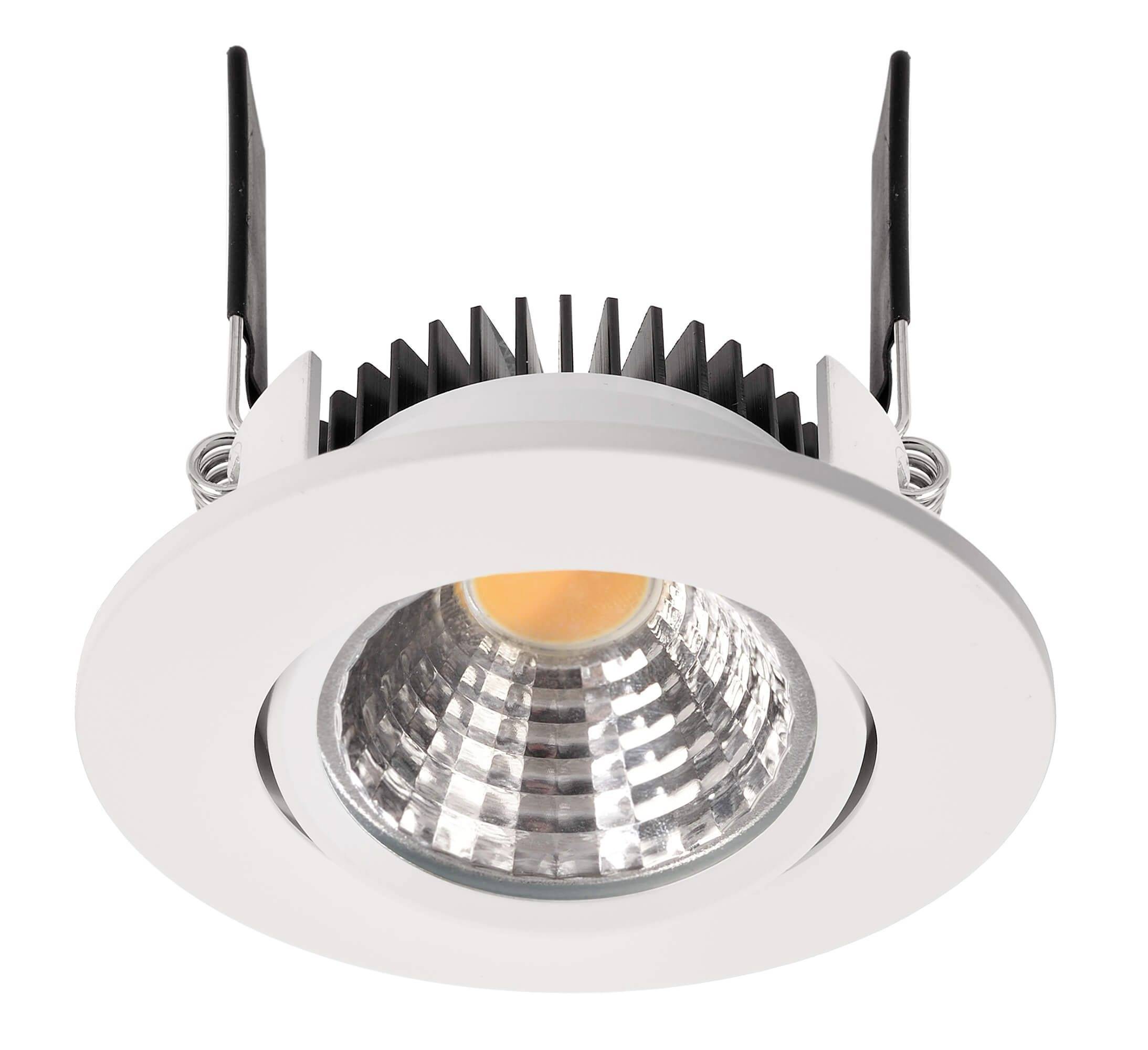 Runde, weiße LED-Einbauleuchte mit sichtbarem Kühlkörper und Halteklammern, ideal für Deckenbeleuchtung.