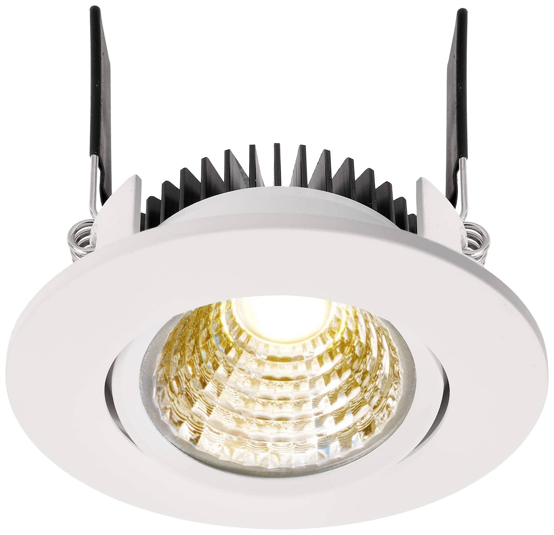 Ein eingebauter LED-Deckenspot mit rundem, weißem Rahmen und sichtbarer Glühbirne, geeignet für Innenraumbeleuchtung.