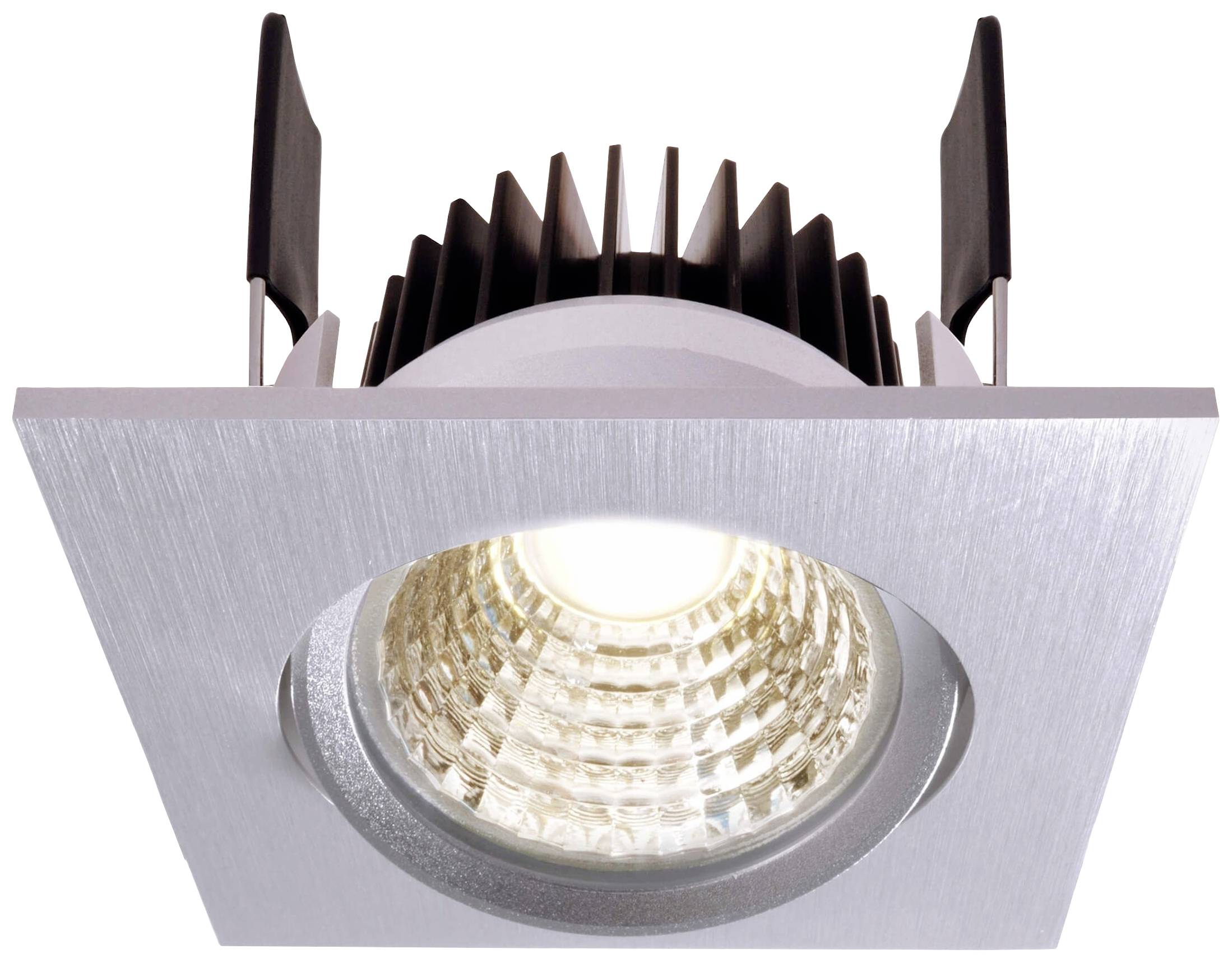 Quadratische Einbauleuchte mit sichtbarem LED-Glühlampen-Einsatz und Metallrahmen. Ideal für moderne Innenraumbeleuchtung.