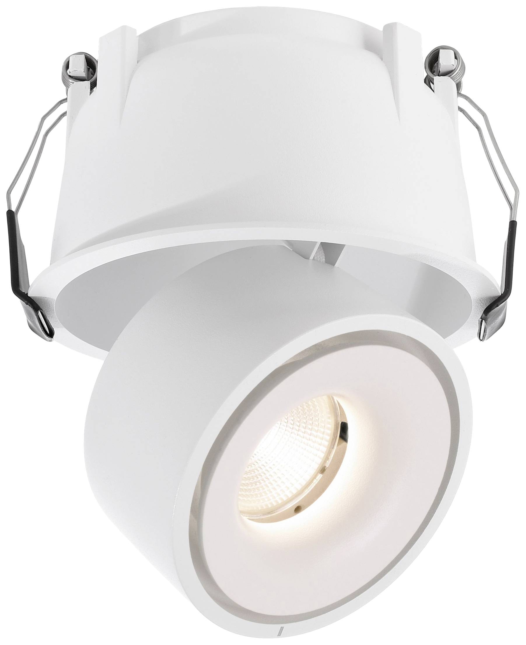 Ein schwenkbarer, weißer LED-Deckeneinbaustrahler mit runder Bauform und zwei seitlichen Halterungen zur Befestigung in der Decke.