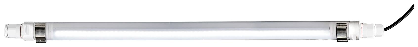 Eine LED-Leuchtstoffröhre mit zwei silbernen Endkappen und einem schwarzen Kabel auf der rechten Seite.