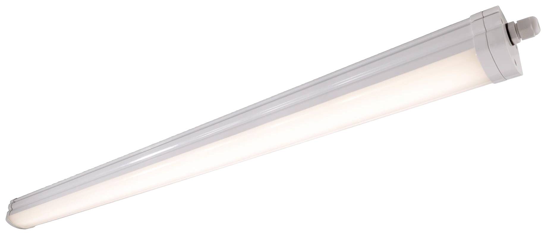 Eine lange, weiße LED-Leuchtstofflampe mit rechteckiger Form und abgerundeten Enden, geeignet zur Deckenmontage in Innenräumen.
