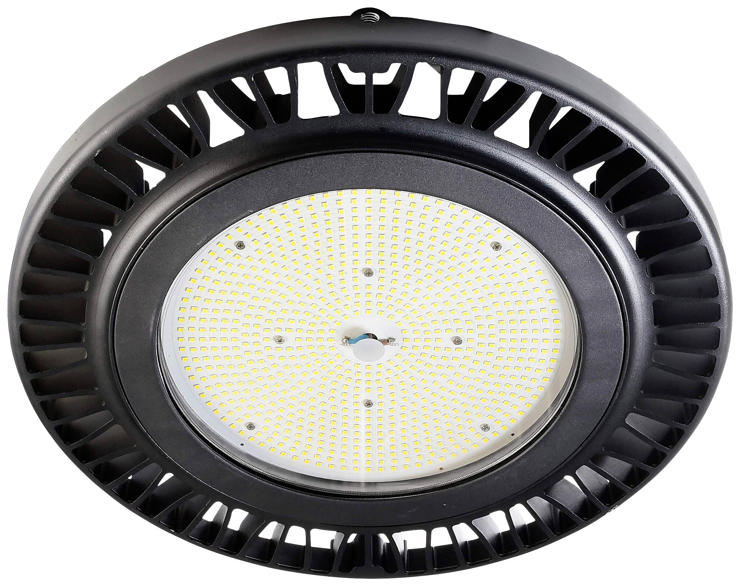 Industrie-LED-Deckenleuchte mit einem runden, schwarzen Gehäuse und zahlreichen kleinen, gleichmäßig verteilten LEDs in der Mitte.