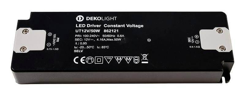 Schwarzer LED-Treiber von Dekolight, Modell UT12V/50W, geeignet für 100-240V Eingangs- und 12V Ausgangsspannung, Maximalleistung 50W.