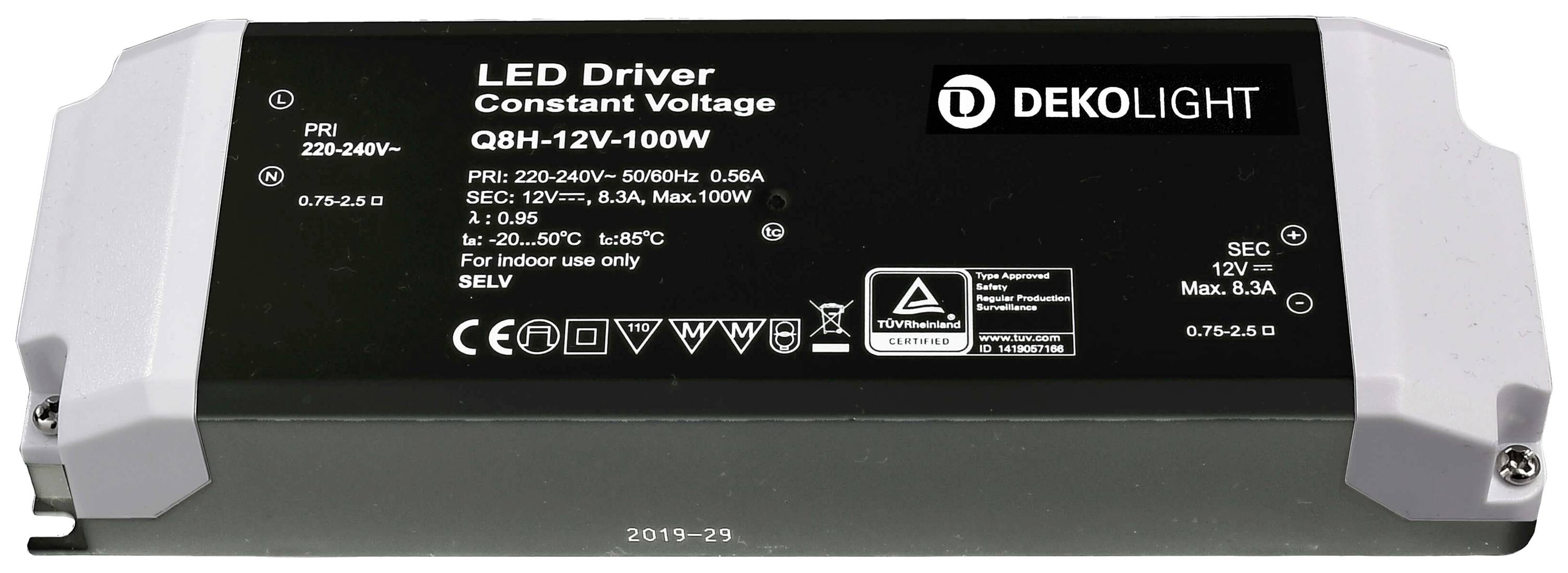 LED-Treiber 'DEKOLIGHT' für konstante Spannung. Modell Q8H-12V-100W, Eingang: 220-240V, Ausgang: 12V, 8,3A. Geeignet für Innenbereich.