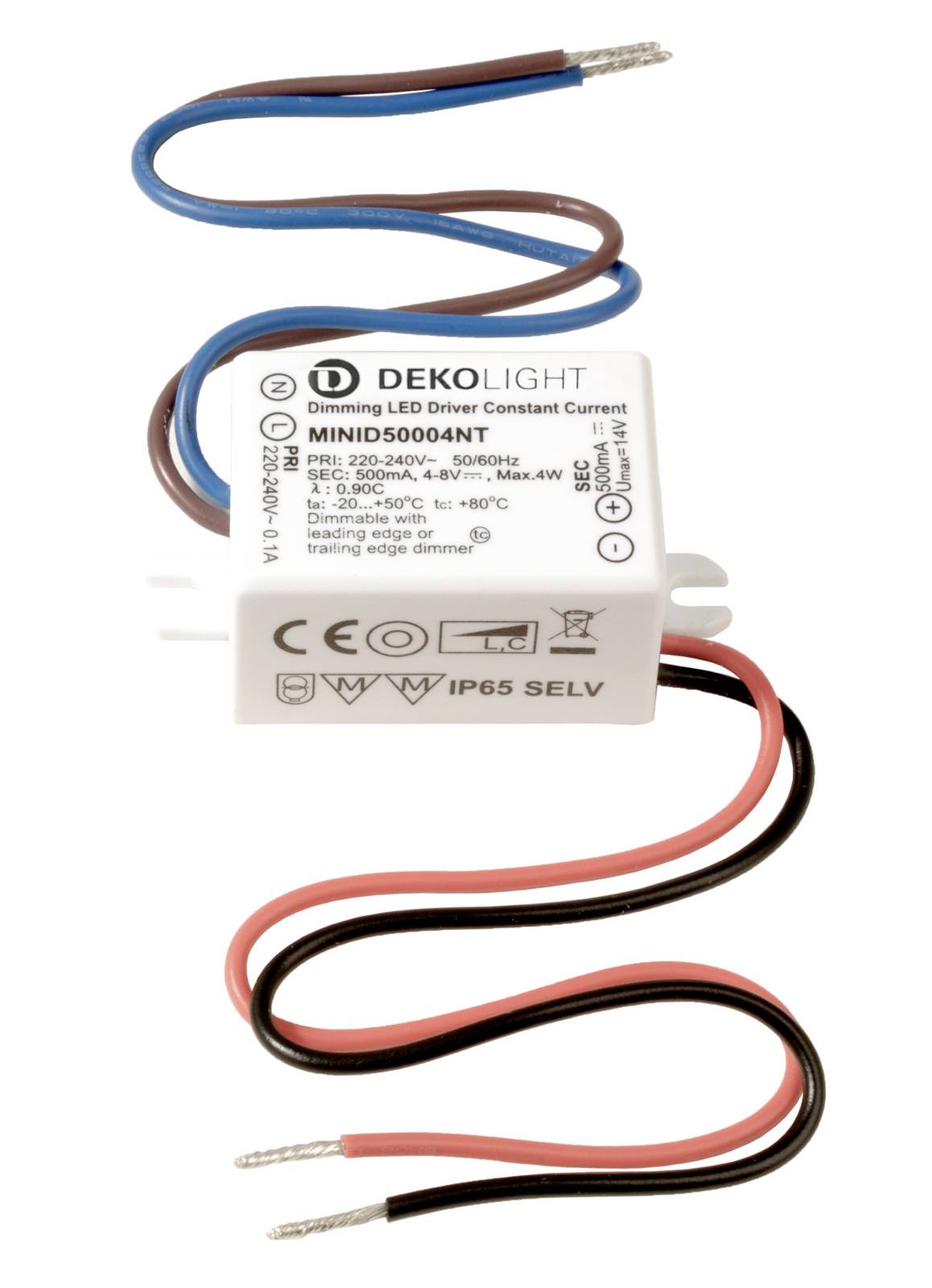 Ein weißer LED-Treiber von DEKOLIGHT mit mehrfarbigen Kabeln, Modell MINI DS50004NT, spezifiziert für 320-240V, 50/60Hz, IP65.