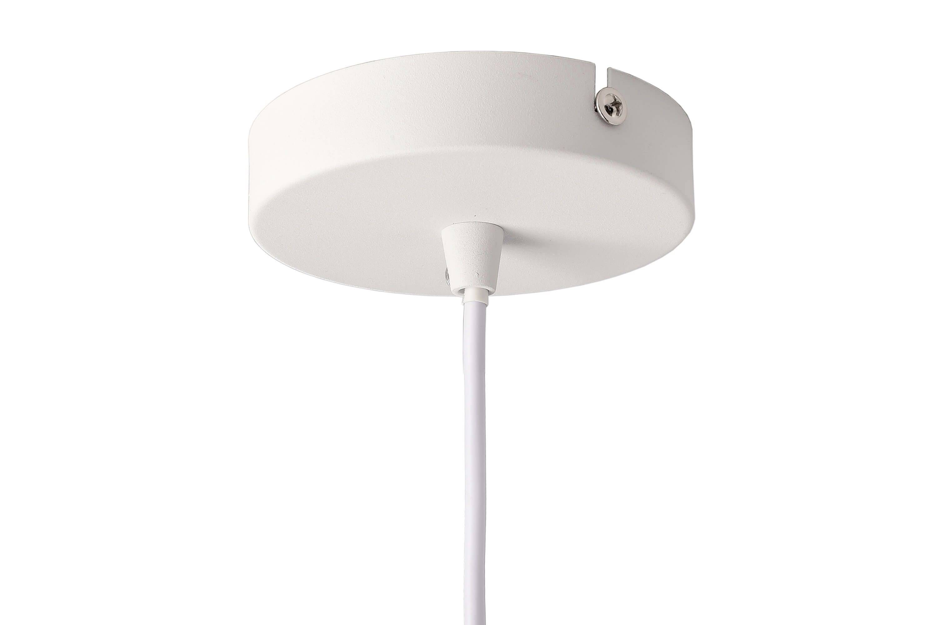 Weiße, runde Lampenhalterung an der Decke mit Kabel, befestigt mit einer Schraube.