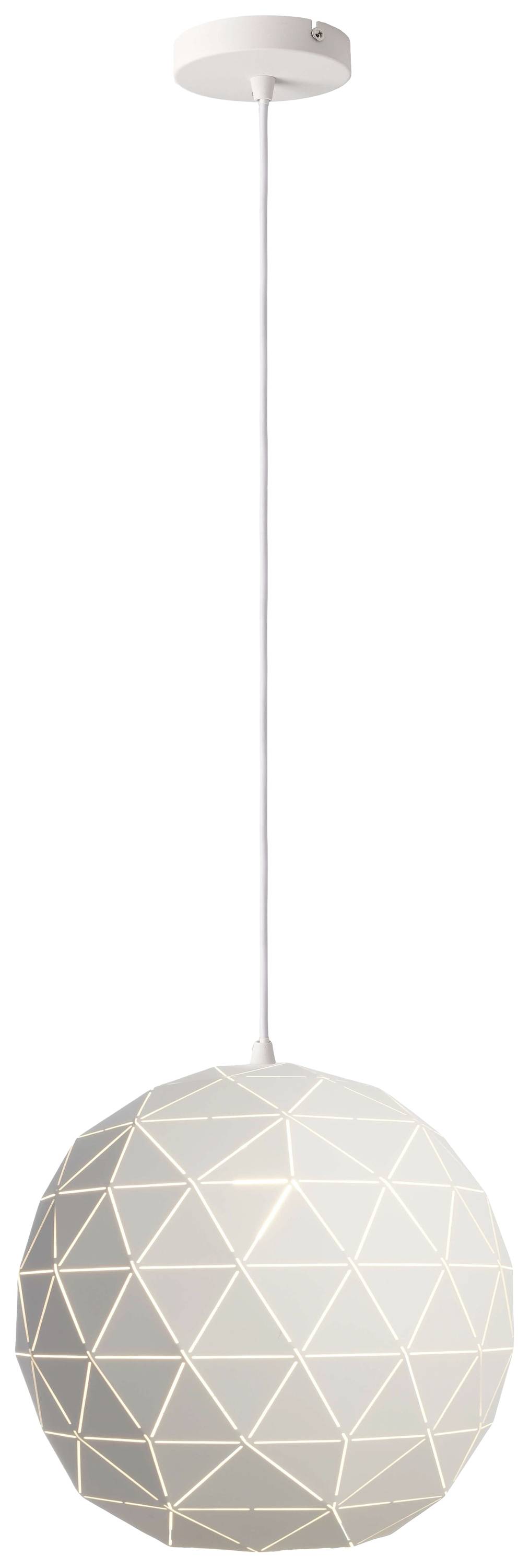 Weiße Pendelleuchte mit geometrischem Muster hängt von der Decke.