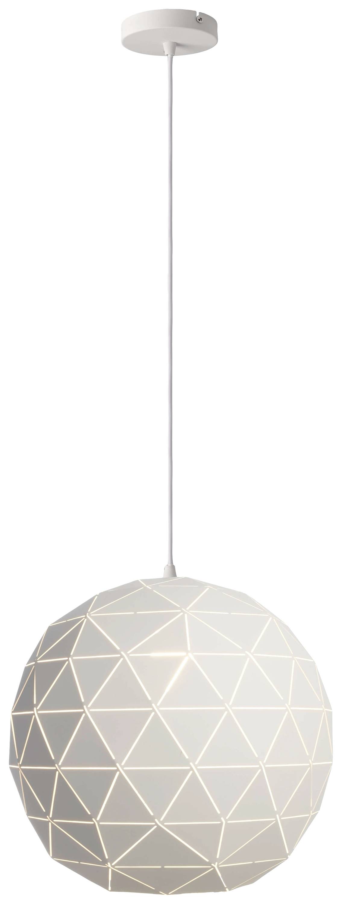 Weiße, kugelförmige Hängelampe mit geometrischem Muster, hängt an einem dünnen Kabel von der Decke.
