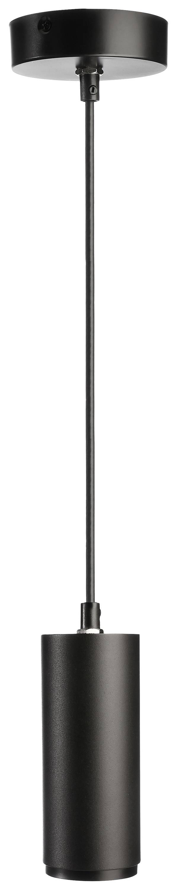 Eine schwarze zylindrische Pendelleuchte mit langem Kabel und runder Deckenhalterung.
