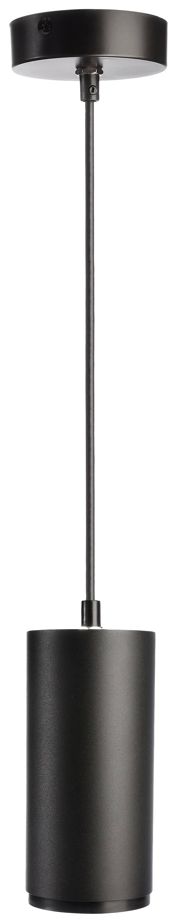 Schwarze, zylindrische Pendelleuchte mit kurzem Kabel und runder Deckenbefestigung. Ideal für moderne Innenräume.