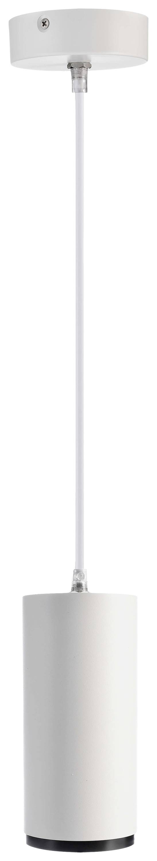 Weiße zylindrische Hängelampe mit schlichtem Design und dünnem weißen Kabel, geeignet für moderne Innenräume.