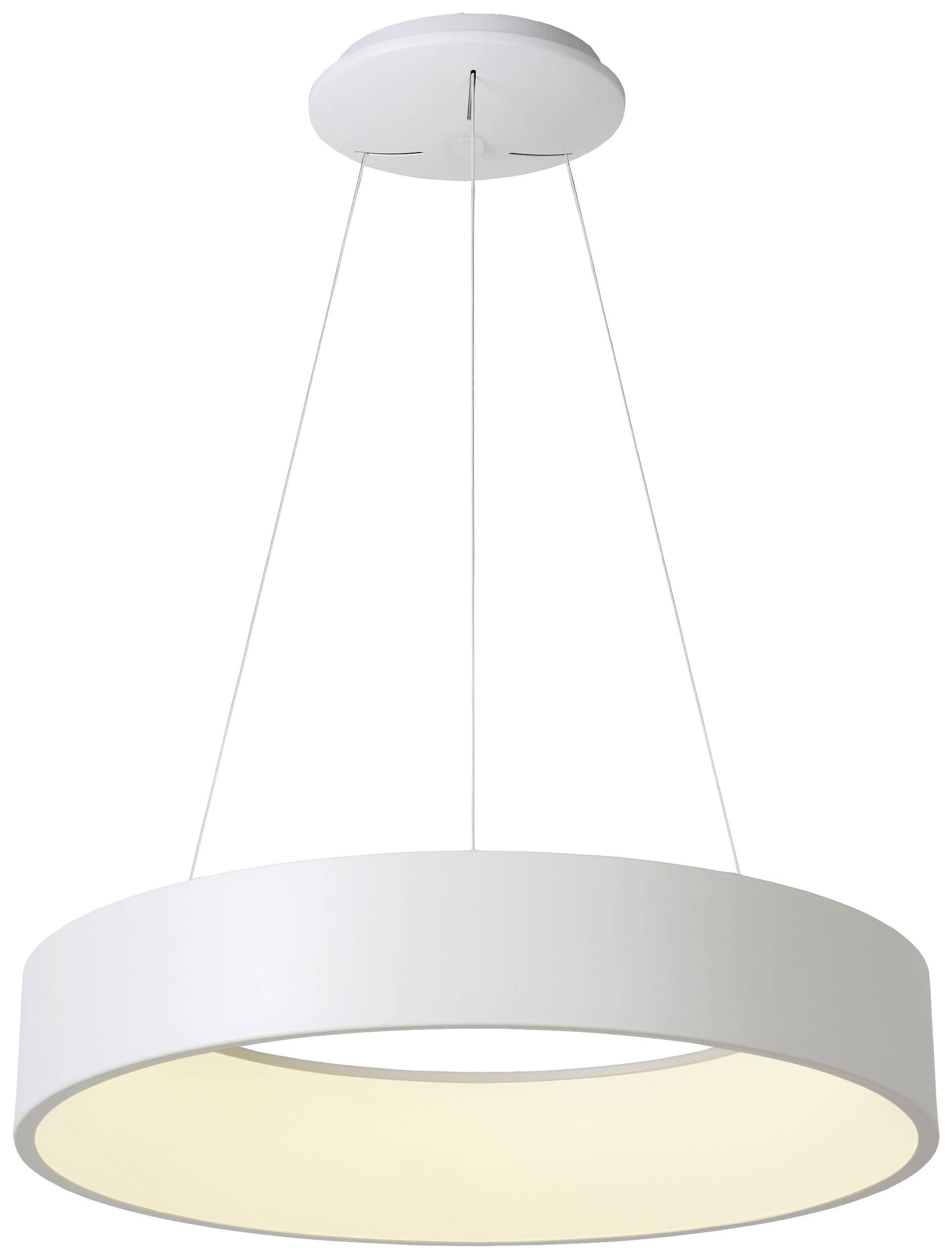 Eine moderne, hängende Deckenleuchte in Weiß mit rundem, schalenförmigem Design, die diffuses, warmes Licht abgibt.