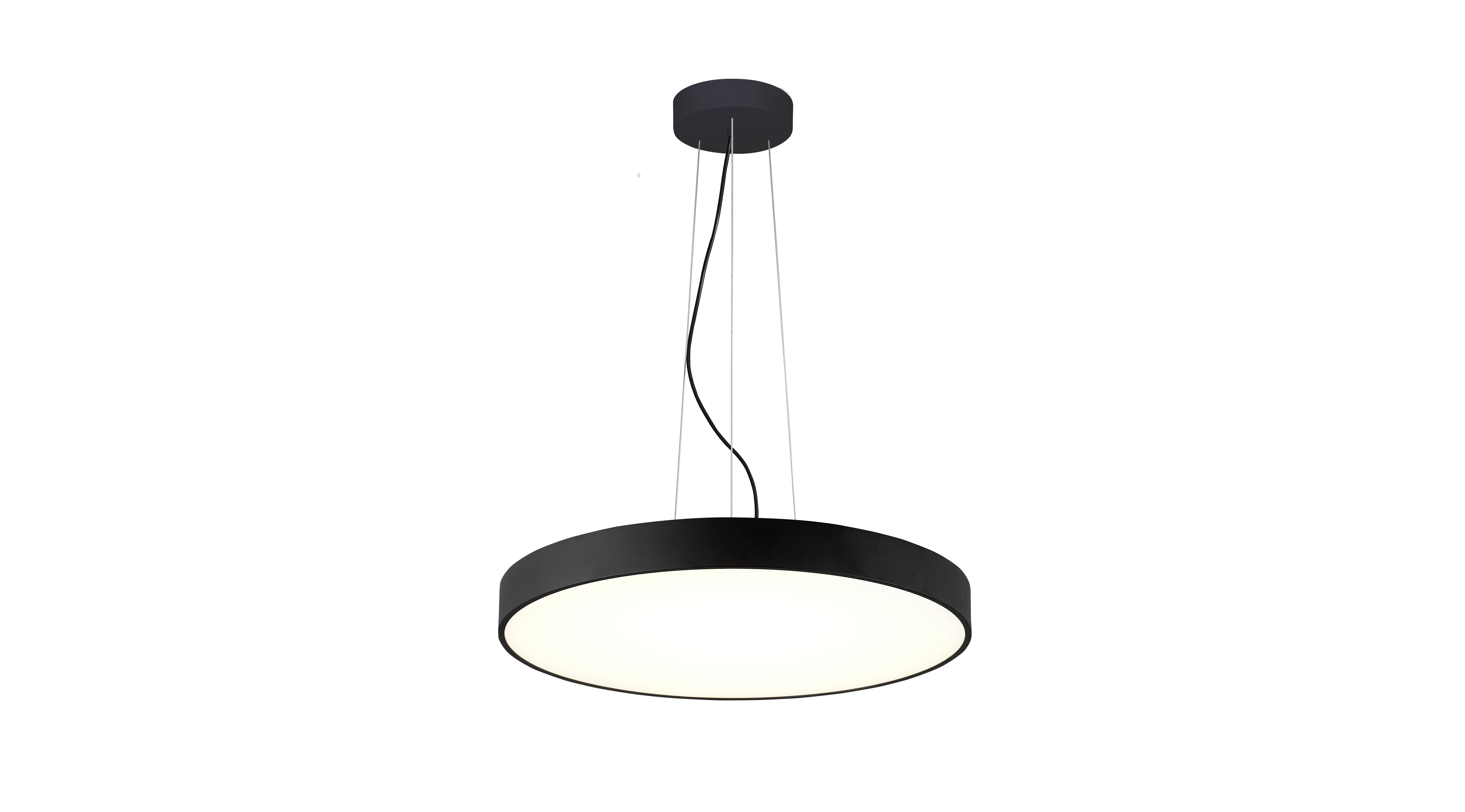 Runde, moderne Deckenleuchte in schwarzem Rahmen, hängend an dünnen Kabeln, mit hellem, gleichmäßigem Lichtschein.