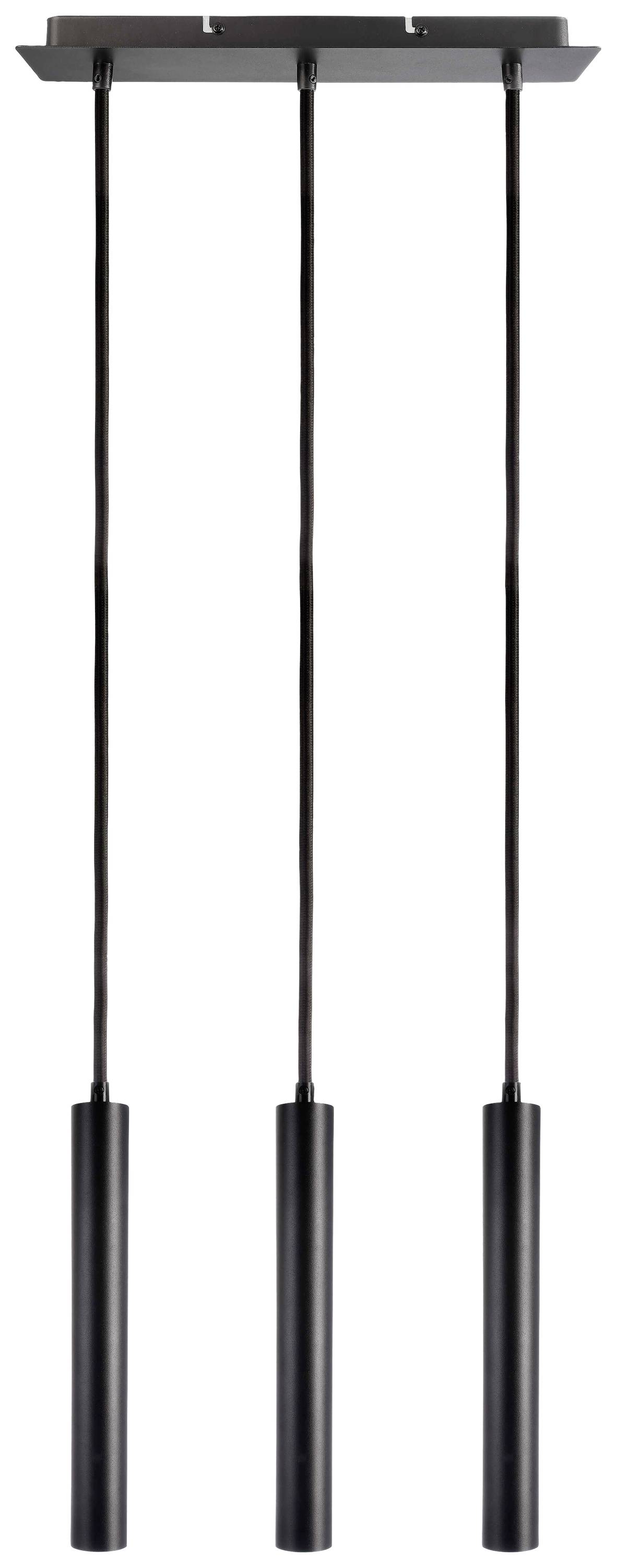 Drei schwarze, zylindrische Pendelleuchten hängen von einer rechteckigen Deckenplatte herab. Minimalistisches Design für moderne Räume.