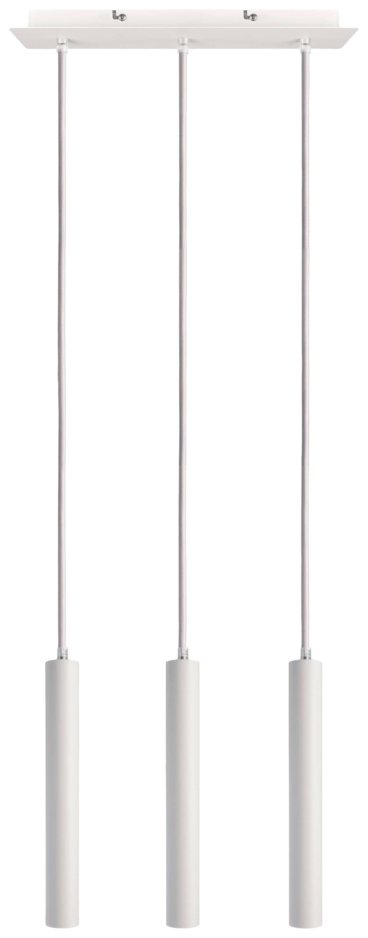 Drei hängende zylindrische Pendelleuchten, schlichtes Design, mit langen Kabeln zur Deckenbefestigung. Ideal für modernes Interieur.