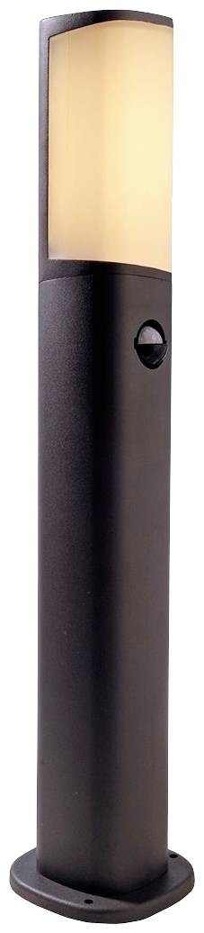 Eine schwarze Außenleuchte mit warmweißem Licht, zylindrische Form, geeignet für Garten- oder Wegebeleuchtung.