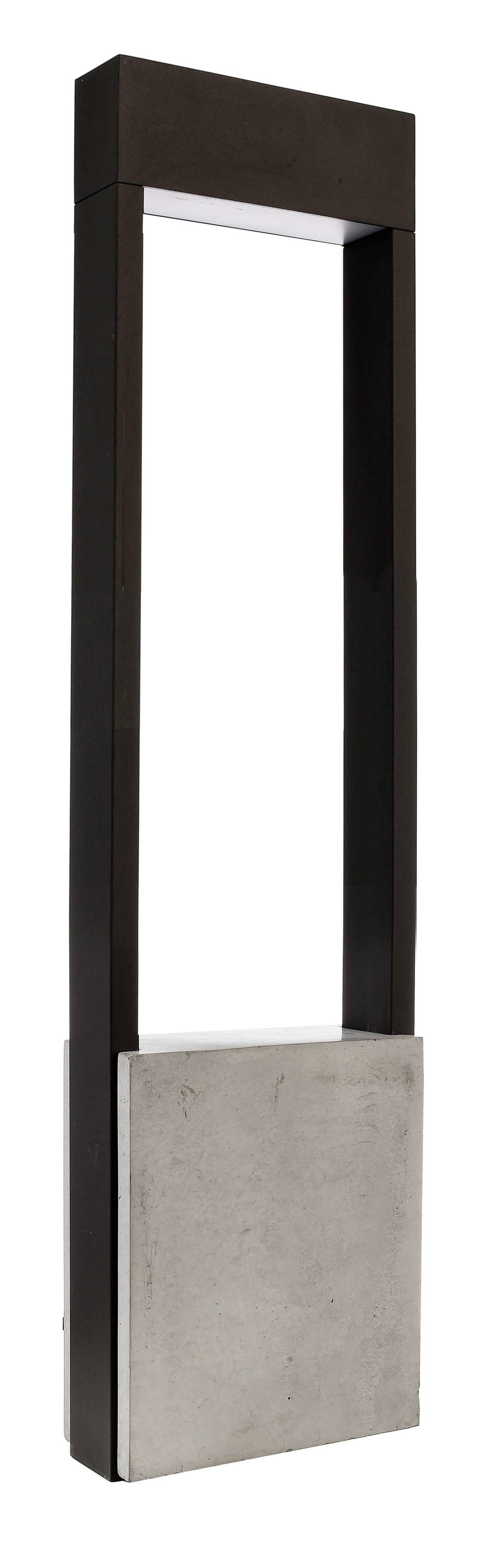 Eine moderne Außenleuchte mit rechteckigem Rahmen, schwarzem Gestell und grauer Basis, geeignet für städtische Umgebungen oder Gärten.