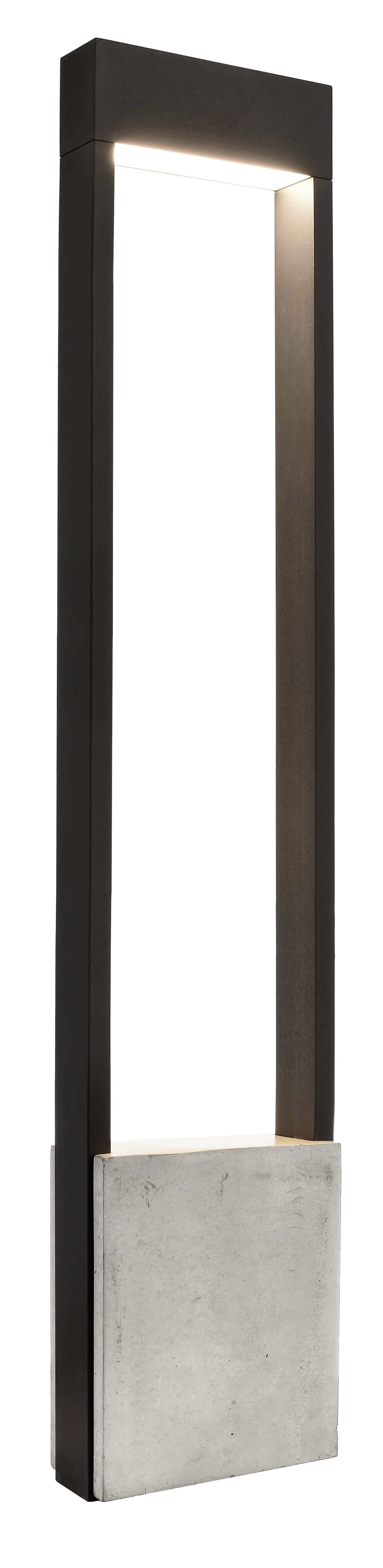 Moderne Außenleuchte mit rechteckigem Design, schwarzem Aluminiumrahmen und Betonfuß. Oben befinden sich LED-Lichtstreifen.