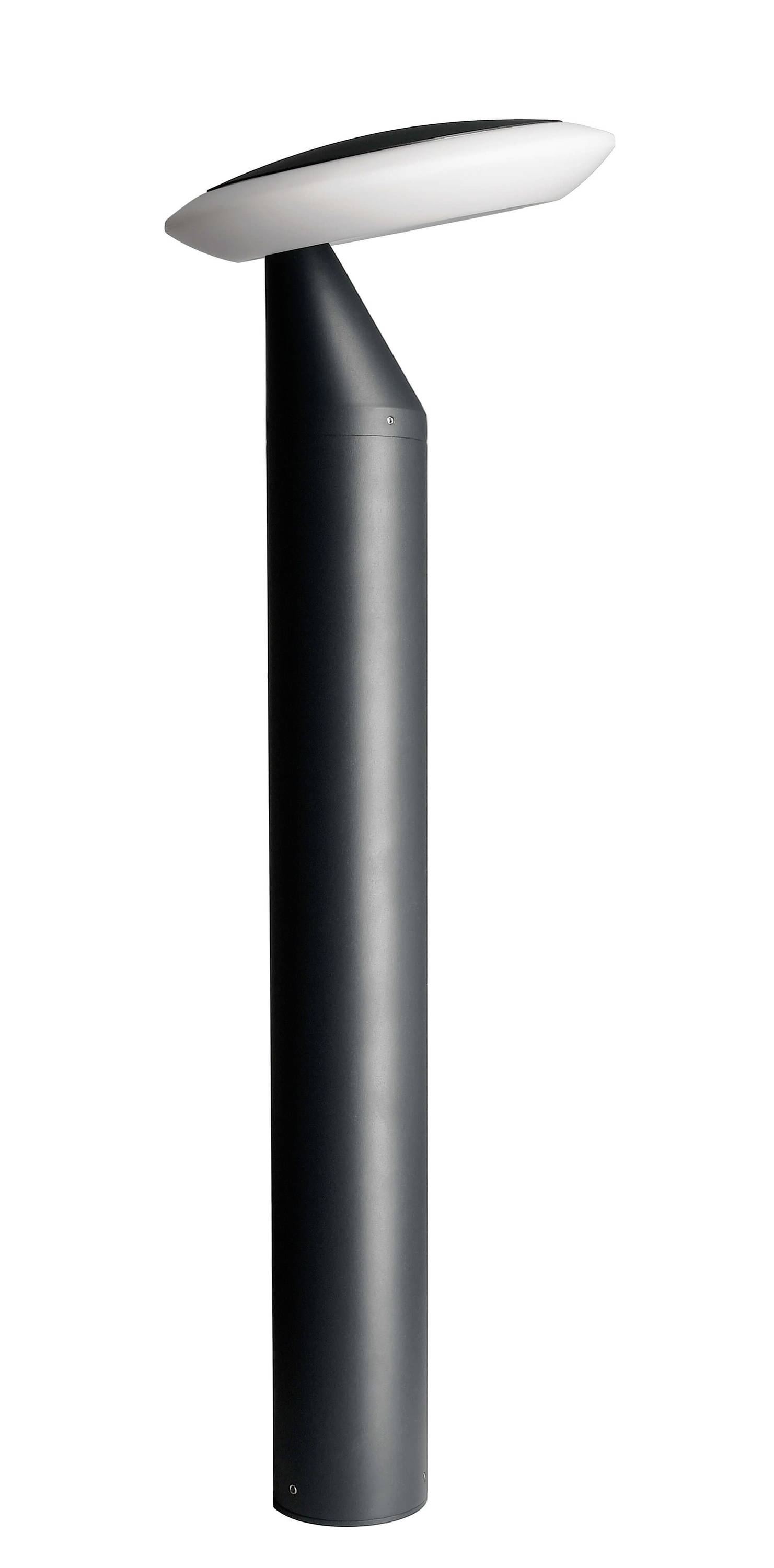 Eine moderne schwarze Stehleuchte mit schrägem, weißen Lampenschirm nach oben gerichtet, minimalistisches Design.