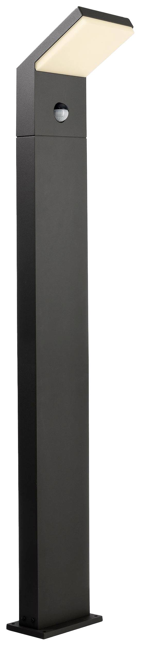 Eine schwarze Außenleuchte mit quadratischem Sockel und abgewinkeltem, leuchtendem Kopf; ideal für Gartenwege oder Eingänge.