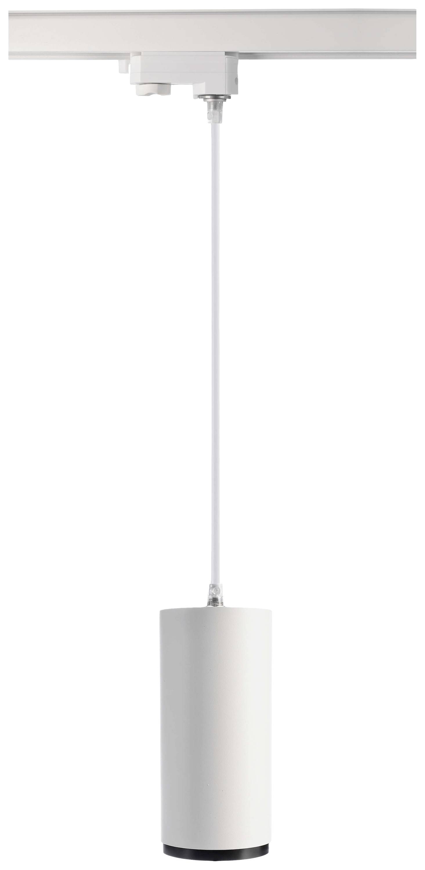 Hängende zylindrische Lampe in Weiß, befestigt an einer Deckenleiste, geeignet für moderne Innenraumbelichtung.
