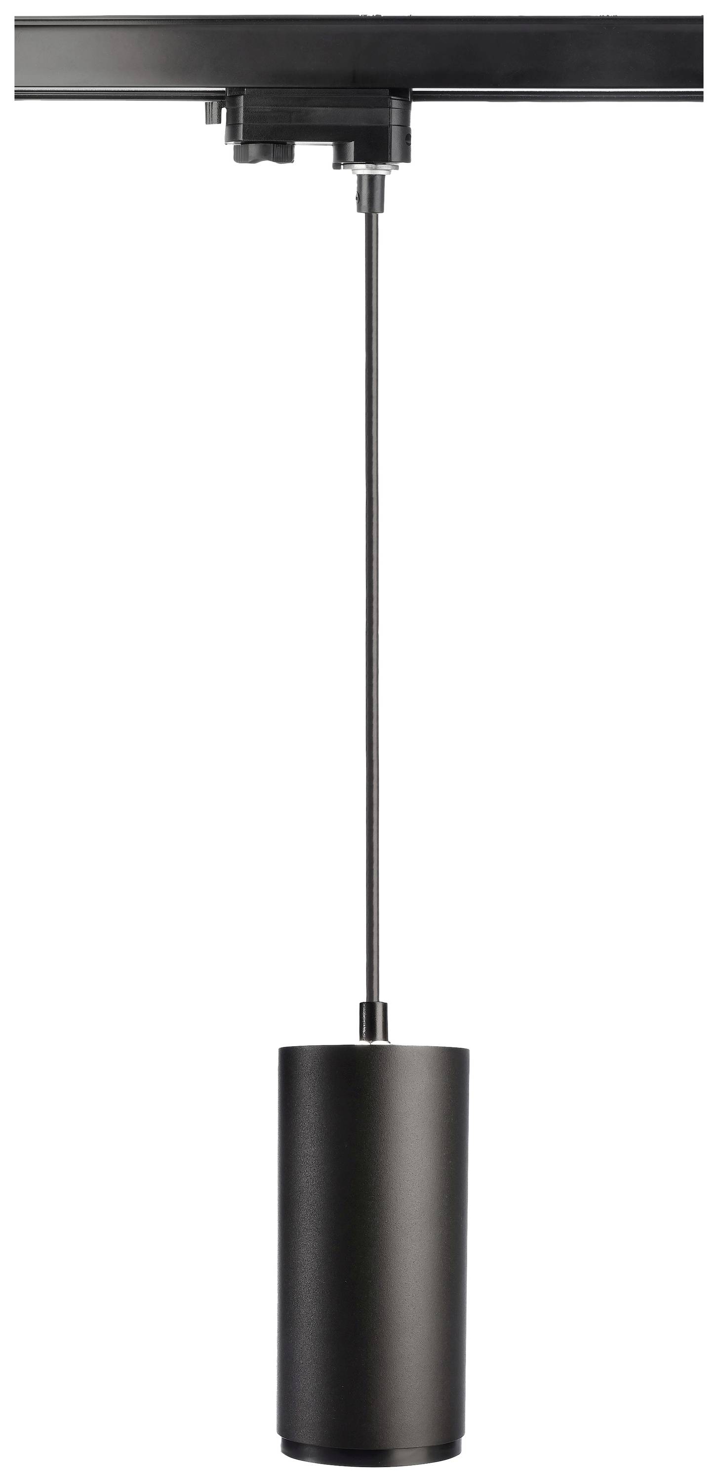 Hängelampe in zylindrischem Design aus schwarzem Metall, montiert an einer Decke. Ideal für moderne Wohnräume oder Büros.