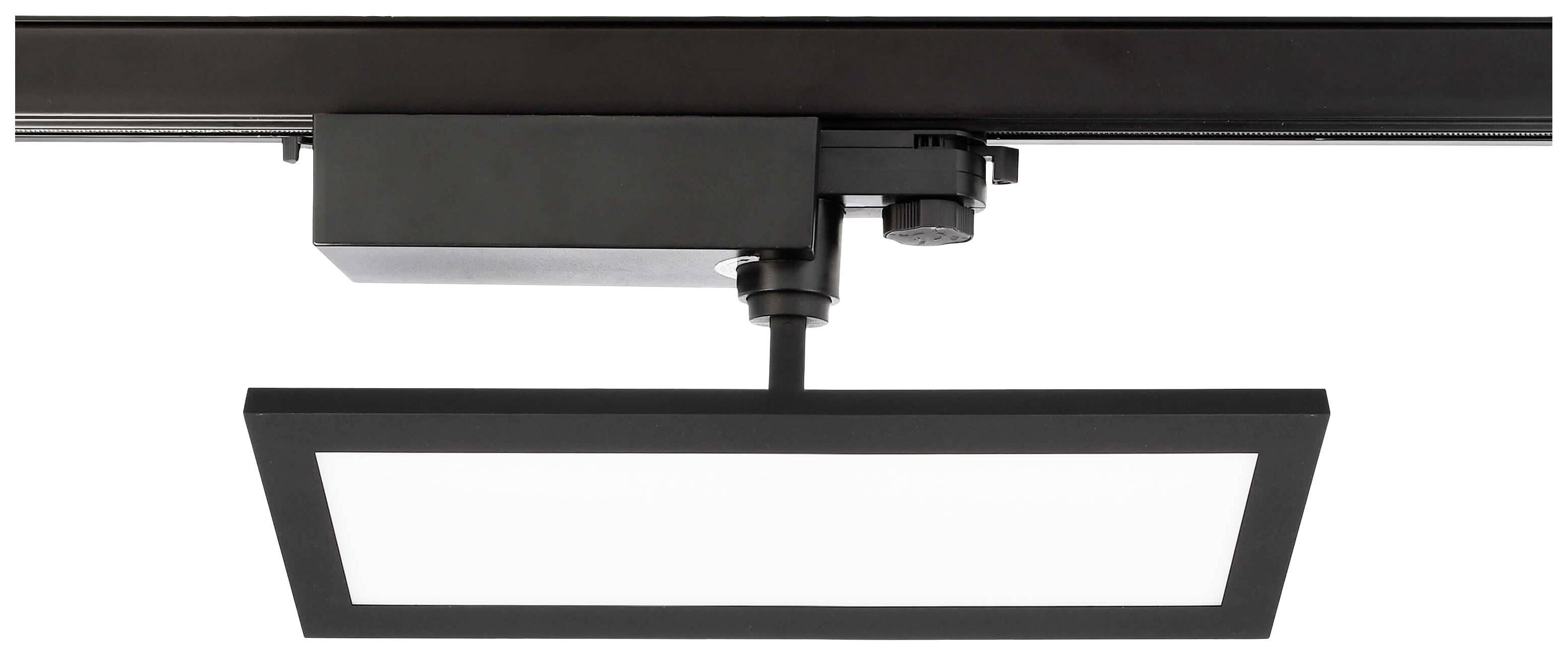 Ein rechteckiges, schwarz umrandetes LED-Panel ist an einer Deckenhalterung montiert, geeignet für die Beleuchtung moderner Innenräume.