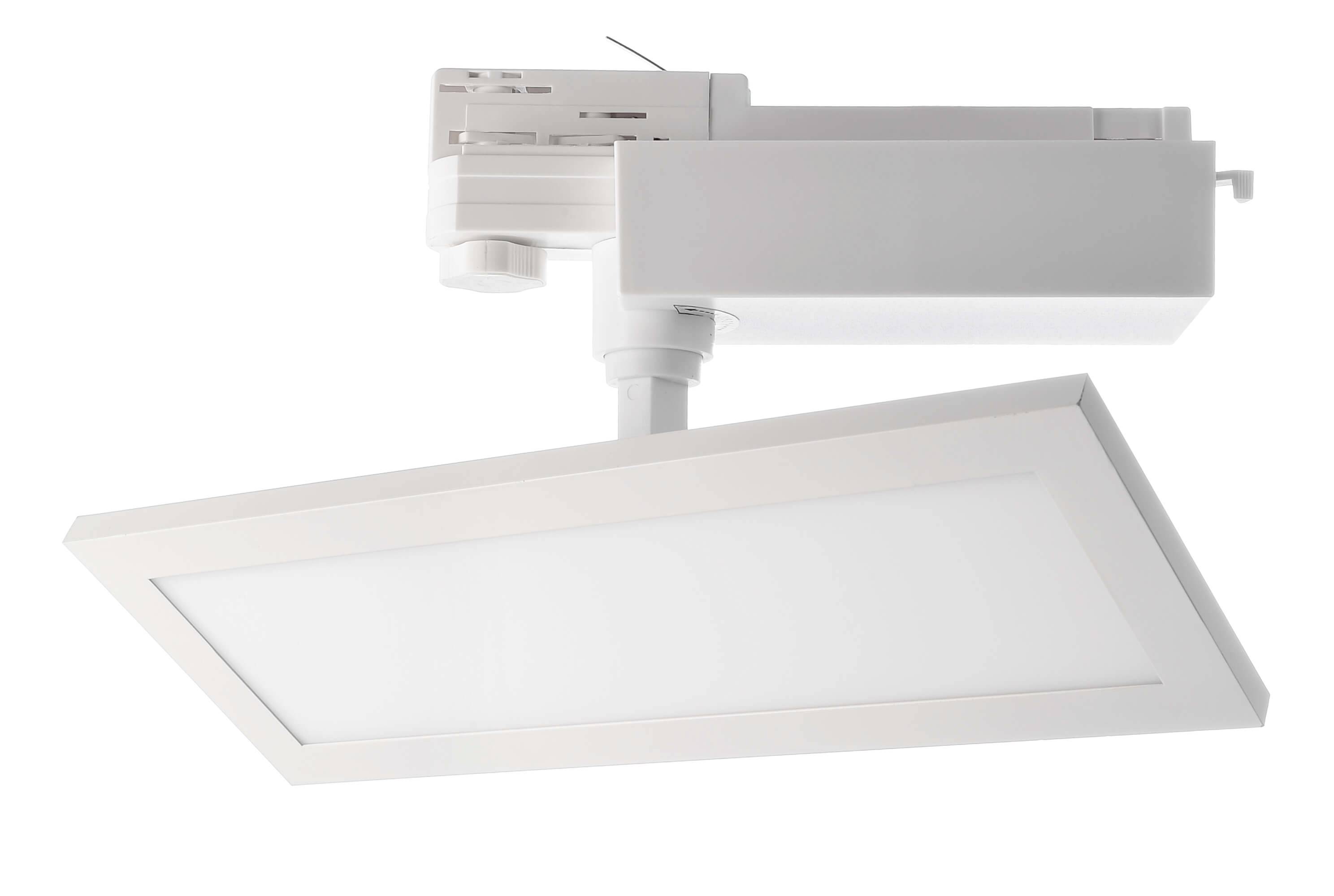 Ein rechteckiger LED-Deckenspot in Weiß mit einer schwenkbaren Halterung, geeignet zur effizienten Raumbeleuchtung.
