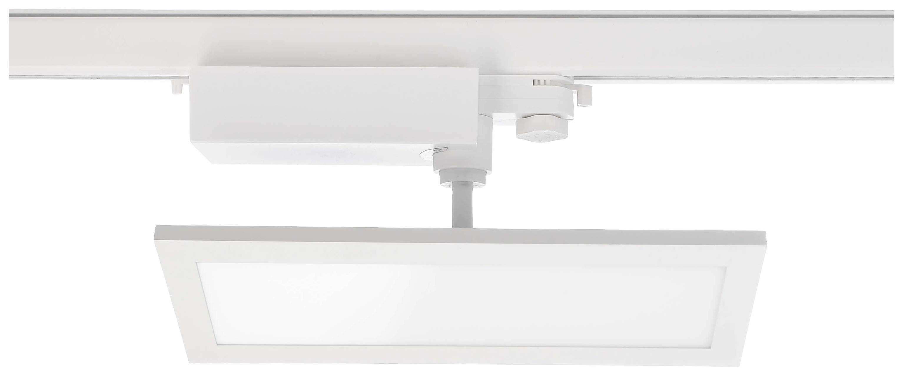 Ein rechteckiger, weißer LED-Deckenfluter ist an einer Schiene montiert. Die Lampe ist modern gestaltet und zeigt direkt nach unten.