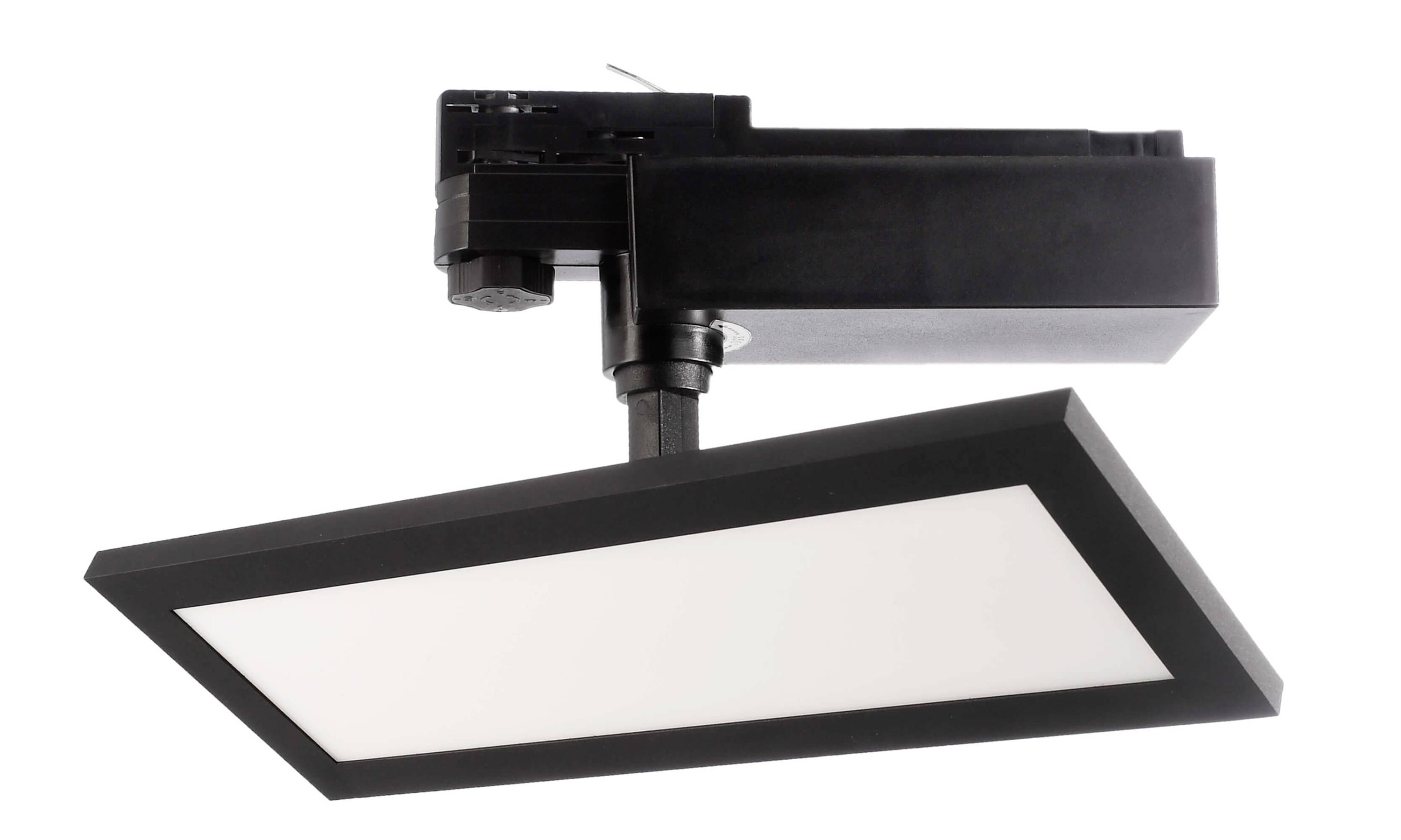 Schwarze, quadratische LED-Leuchte mit flacher Paneel-Oberfläche. Beleuchtet von oben. Geeignet für moderne Innenräume.